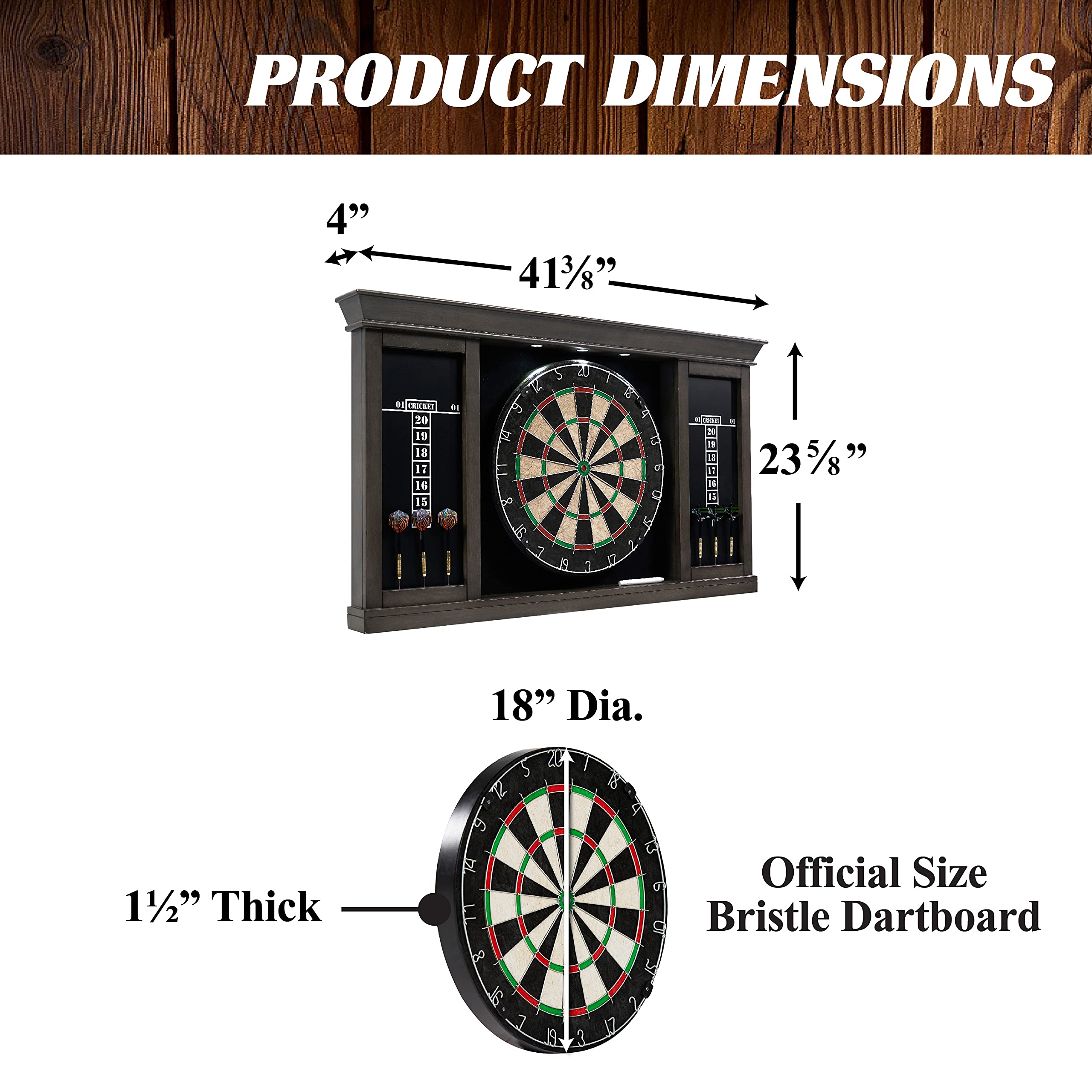 Barrington Wooden Dartboard Cabinet Set - 18” Bristle Dartboard with Steel Tip Darts | Pre-Assembled Cricket Game Accessories for Home, Office & Pub Entertainment