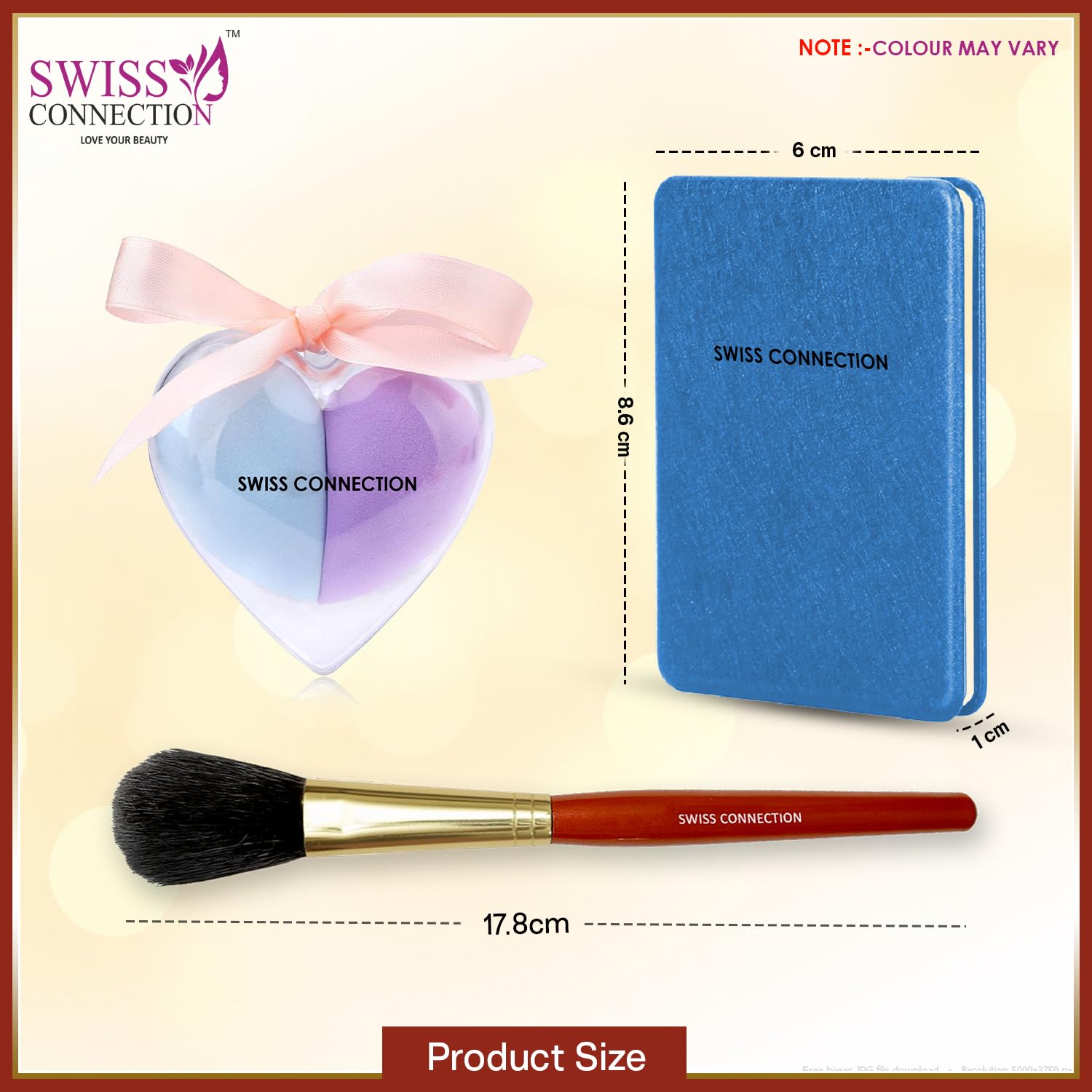 Swiss Connection Portable Double-Side Folding Mirror with Makeup Sponge Beauty Blender, Powder Brush & Non-Slip Wooden Handle Foundation Brush - 3 Pack for Travel, Home Vanity & Professional Makeup Application