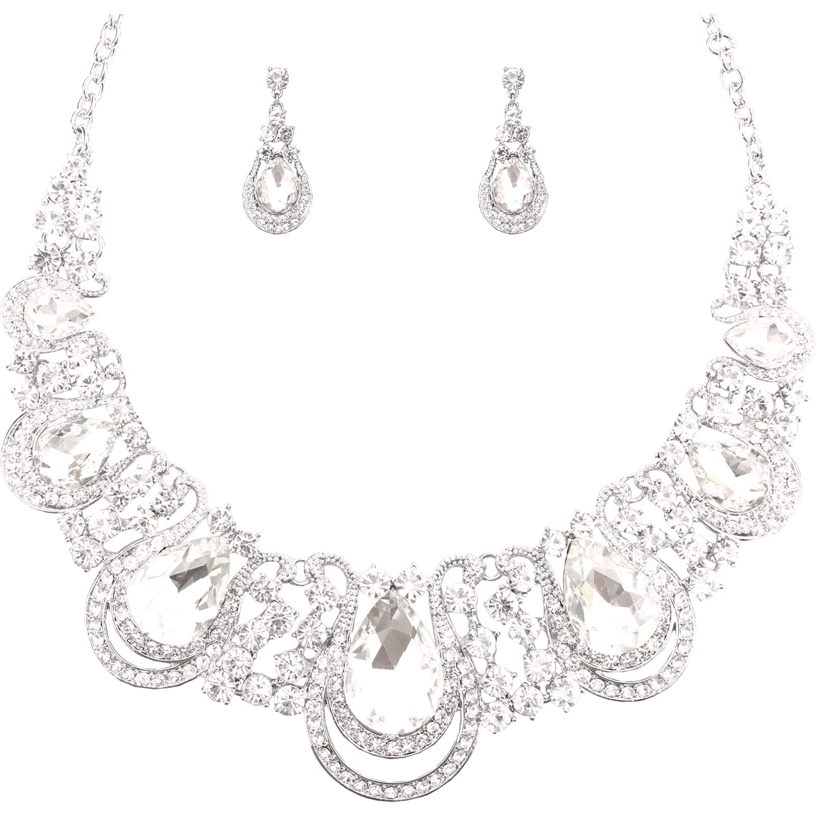Elegant Rhinestone Crystal Teardrop Statement Necklace & Dangle Earrings Set for Women | Fashion Costume Jewelry Gift | Perfect for Parties, Weddings & Special Occasions
