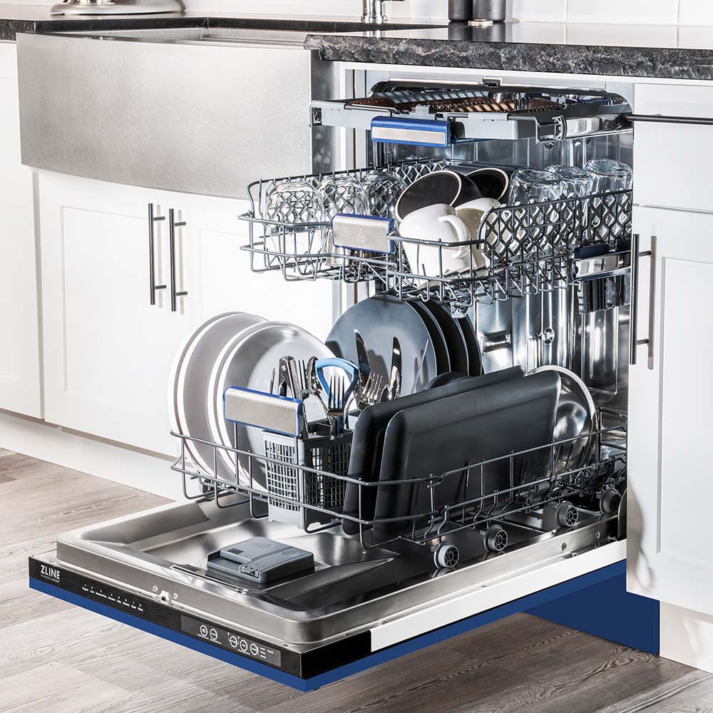 ZLINE 24 Inch Tallac Series 3rd Rack Tall Tub Dishwasher - Blue Matte Finish with Stainless Steel Tub, 51dBa Ultra Quiet (DWV BM 24) | Perfect for Modern Kitchens, Small Spaces & Energy-Efficient Homes
