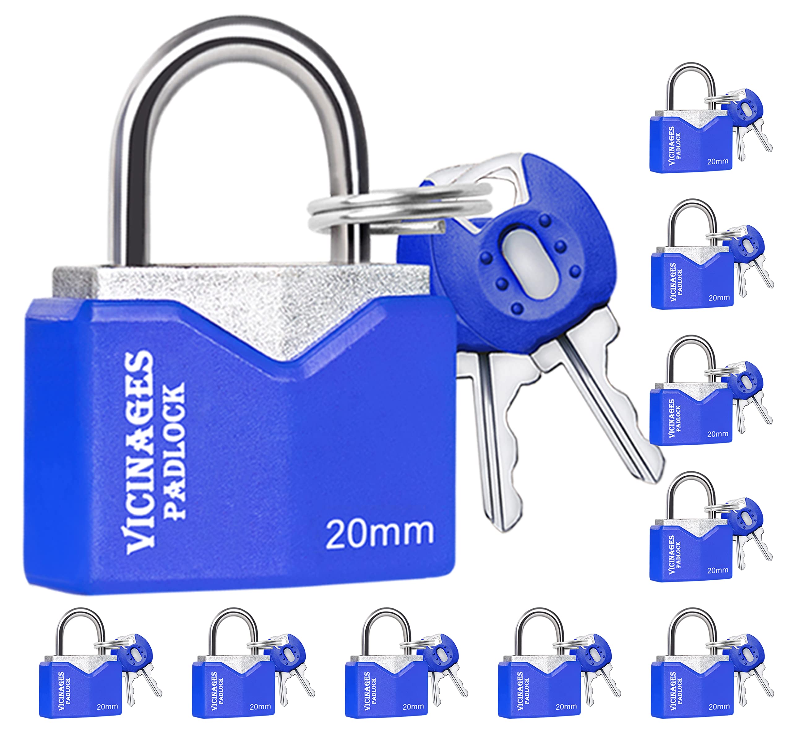 Layssa 10-Pack Small Padlocks with Key - 20mm Blue Luggage Locks for Travel, Backpacks, Gym Lockers, Suitcases & Classroom Security | Durable Combination Padlock Set for School, Home & Office Use