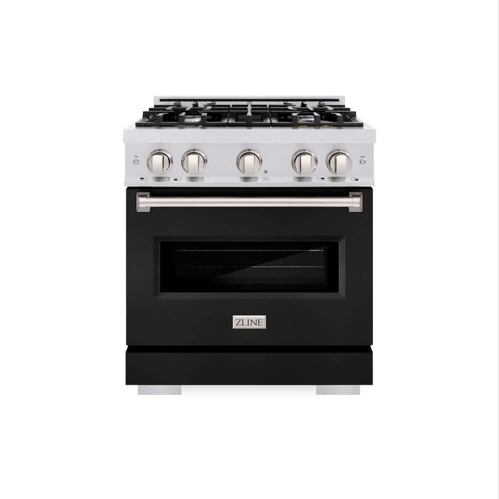 ZLINE 30 Inch 4.2 cu ft Dual Fuel Range - 4 Burner Gas Cooktop & Electric Convection Oven - Satin Stainless Steel with Black Matte Door (CDRS BLM 30) - Perfect for Home Kitchens & Professional Cooking