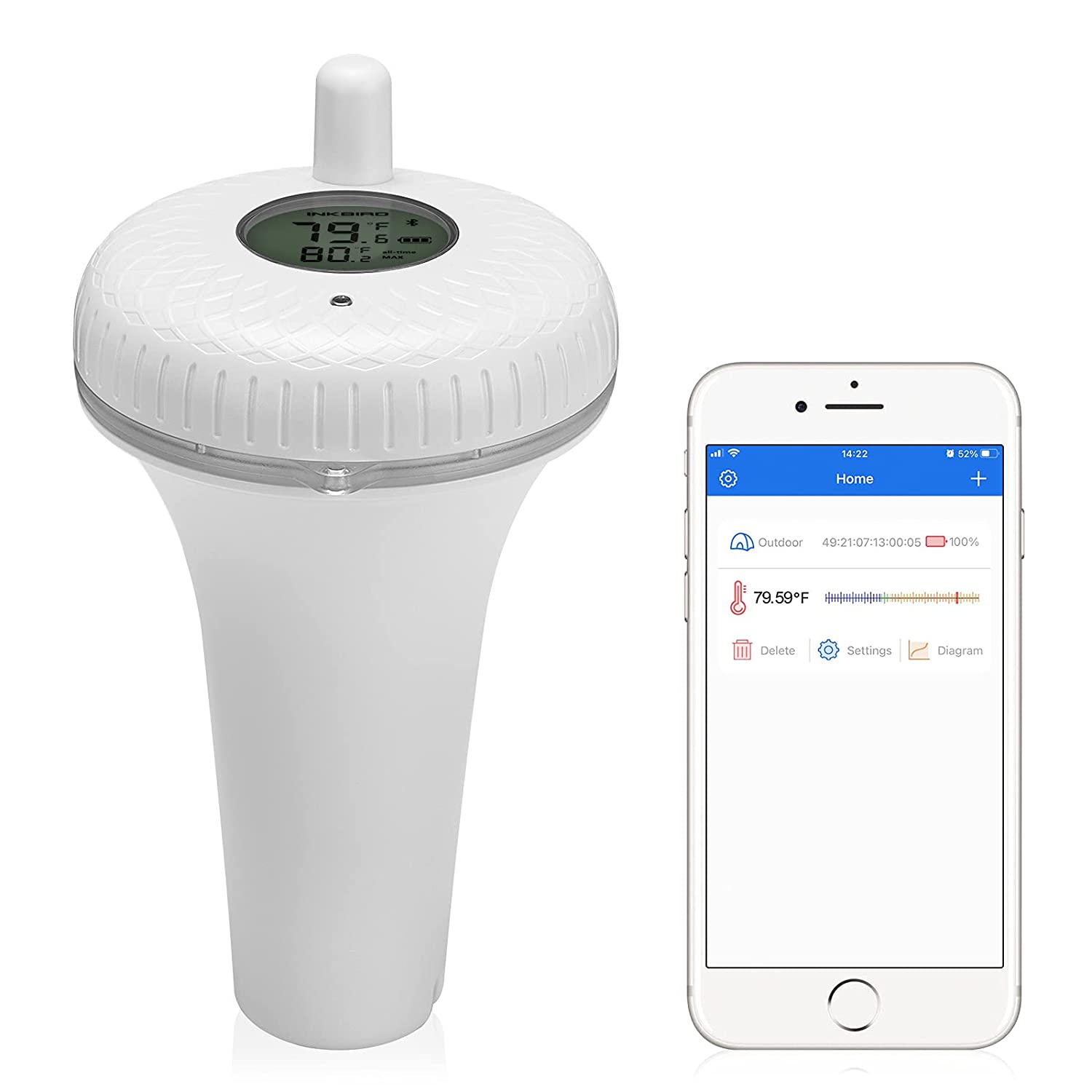 Wireless Bluetooth Pool Thermometer IBS P01B - Waterproof Floating Temperature Sensor for Swimming Pools, Hot Tubs & Spas - Monitor Water Temp Remotely via Smartphone App