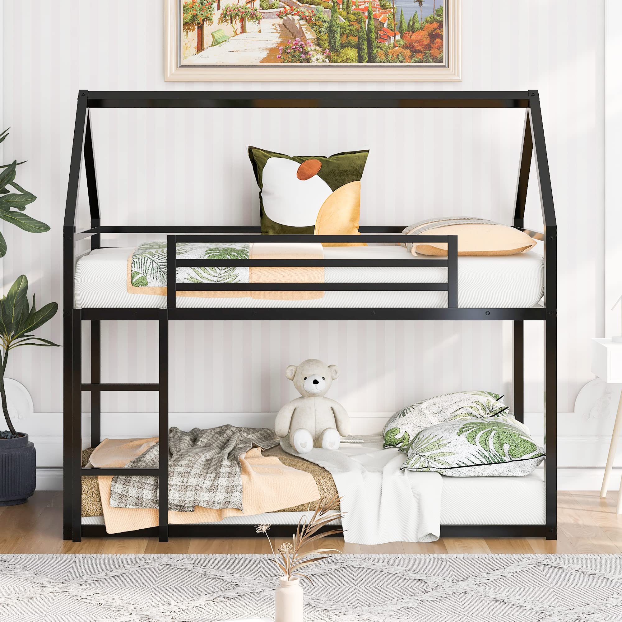 Metal House Bunk Bed for Kids - Twin Over Twin Low Bunk Bed Frame with Safety Guardrail, Ladder & Roof - Sturdy Black Bunk Beds for Boys, Girls & Teens - Perfect for Small Bedrooms, Shared Kids Rooms & Sleepovers