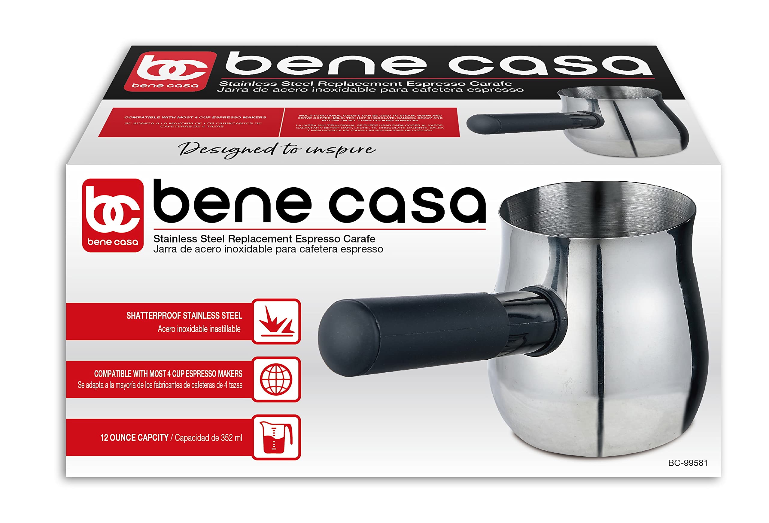 Bene Casa Stainless Steel Espresso Carafe Replacement - Durable Coffee Pot for Espresso Machines | Perfect for Home, Office & Cafes