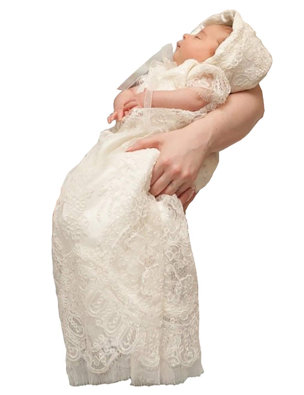 Ivory Lace Christening Gown for Baby Girls with Hat & Trim Edge - Perfect for Baptism, First Communion & Special Occasions