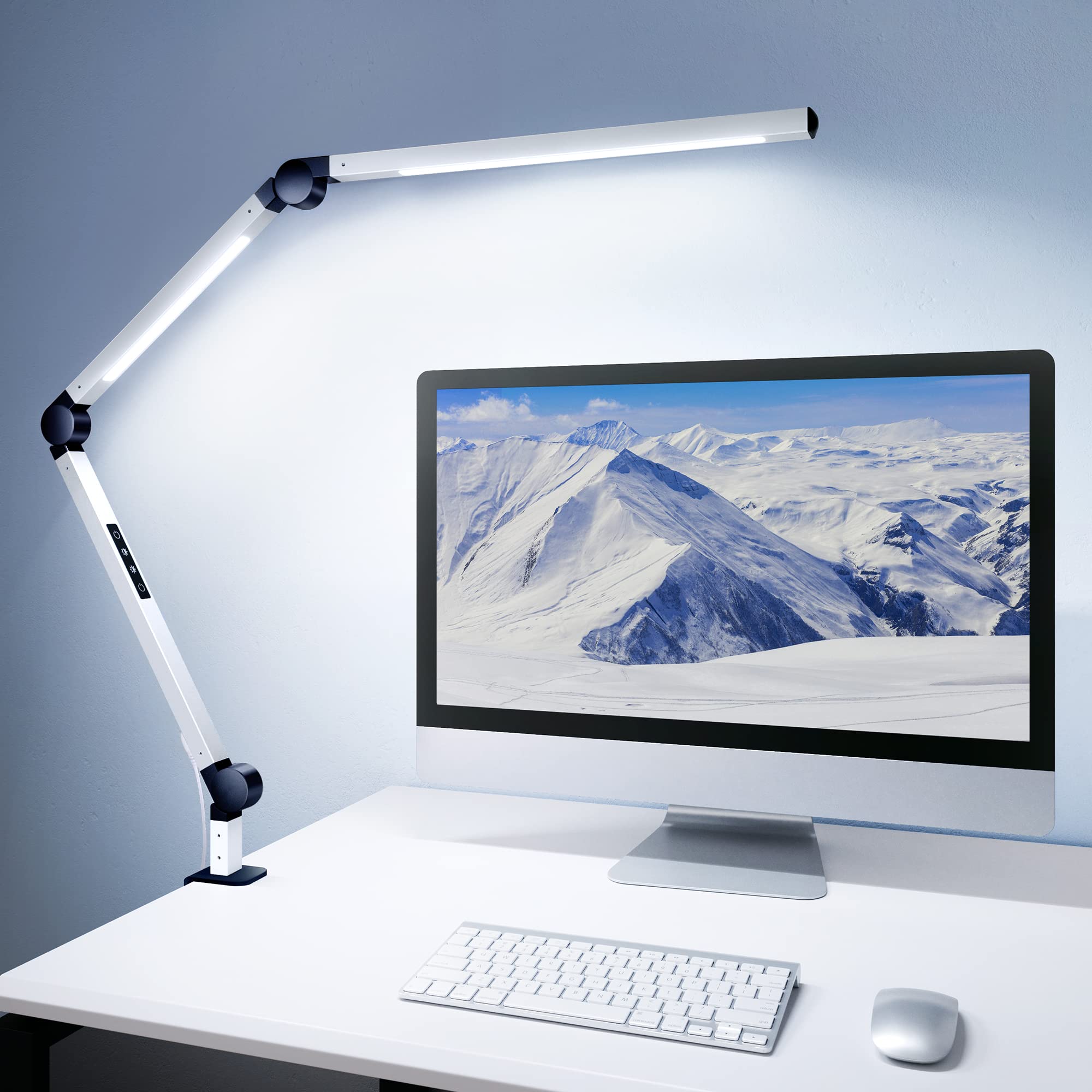 MediAcous LED Desk Lamp with Clamp - Adjustable Swing Arm, 4 Color Modes & 4 Brightness Levels, Dimmable Eye-Caring Light with Memory Function - Perfect for Home Office, Study, Reading & Crafting (White)