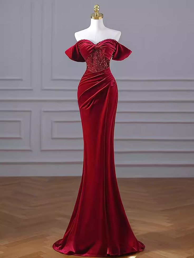 Elegant Mermaid Burgundy Off-The-Shoulder Long Prom Dress - Velvet Formal Gown for Homecoming, Birthday Party & Special Occasions - Style J4383