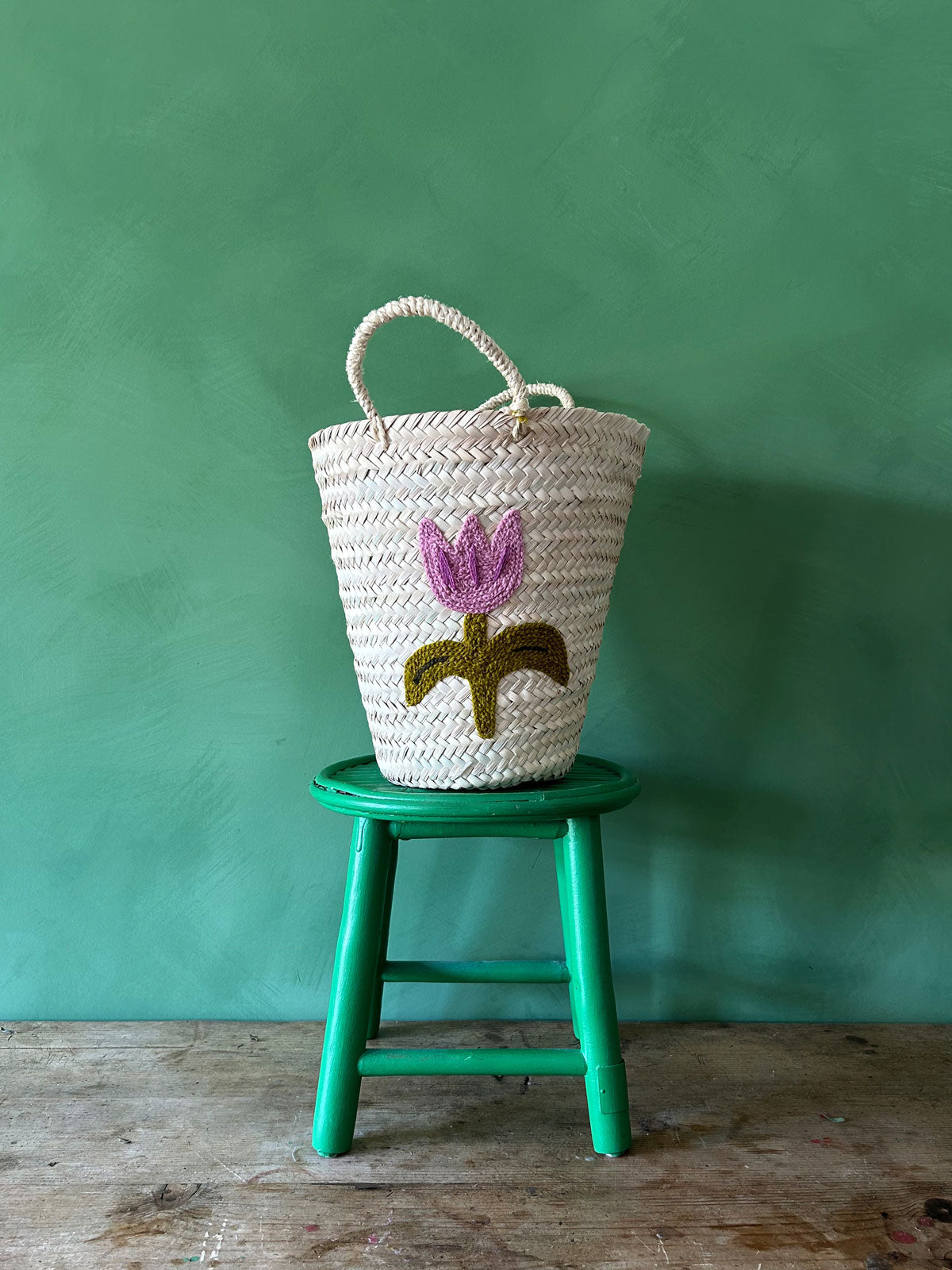Handmade Embroidered Tulip Bucket Basket - Boho Home Decor, Picnic & Beach Accessory, Perfect for Storage, Laundry & Gift Giving