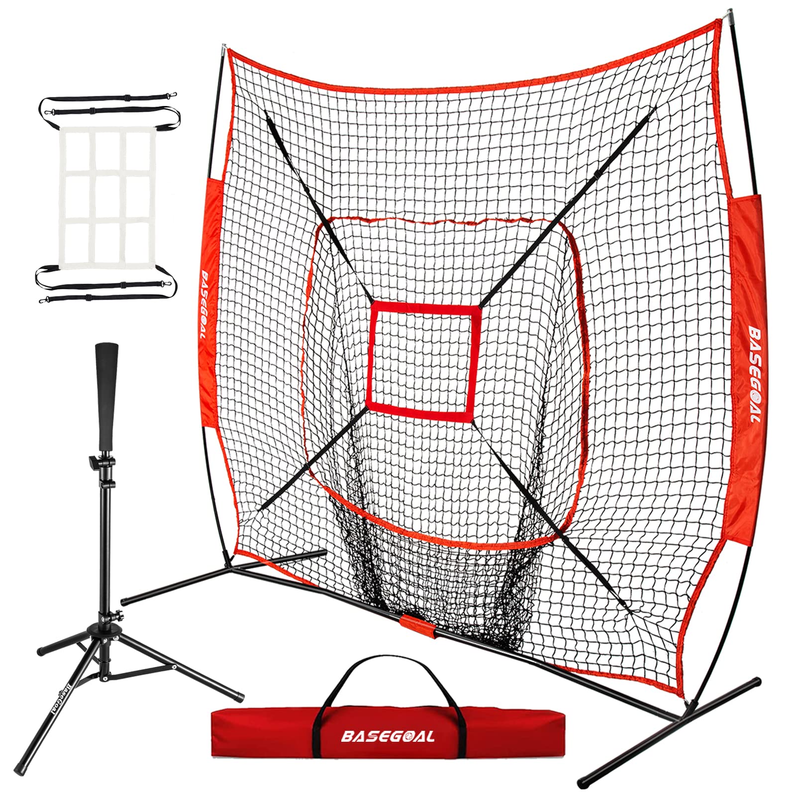 7'×7' Baseball & Softball Practice Net with Batting Tee - Portable Backstop for Hitting, Pitching & Catching - Sturdy Bow Frame Design with Bonus Strike Zone - Perfect for Backyard Training, Team Practice & Youth Baseball Drills