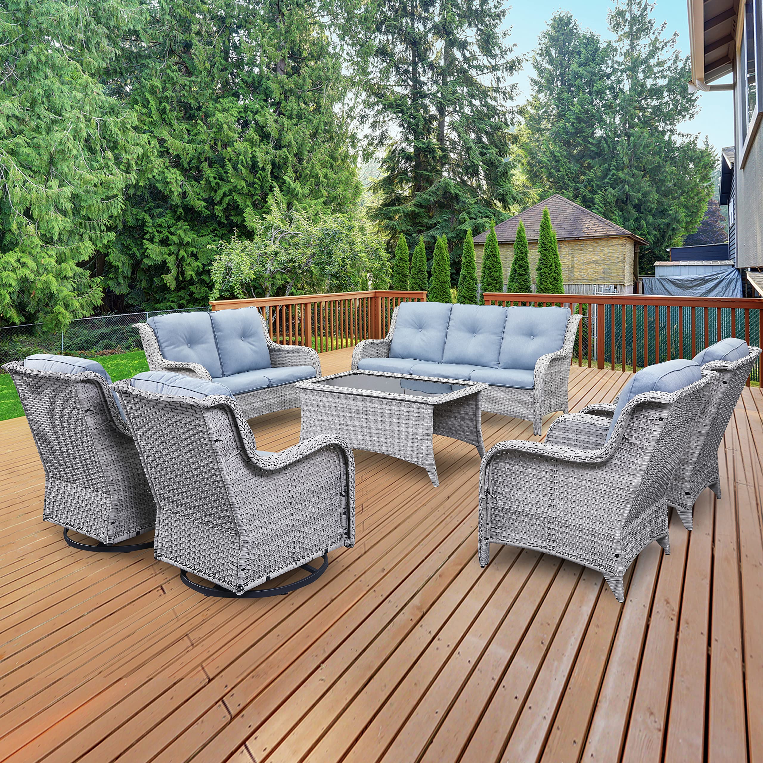 Outdoor Loveseat - 2 Seater Wicker Sofa with Baby Blue Cushion, Patio Furniture for Porch, Deck & Backyard | Perfect for Relaxing, Entertaining & Small Outdoor Spaces