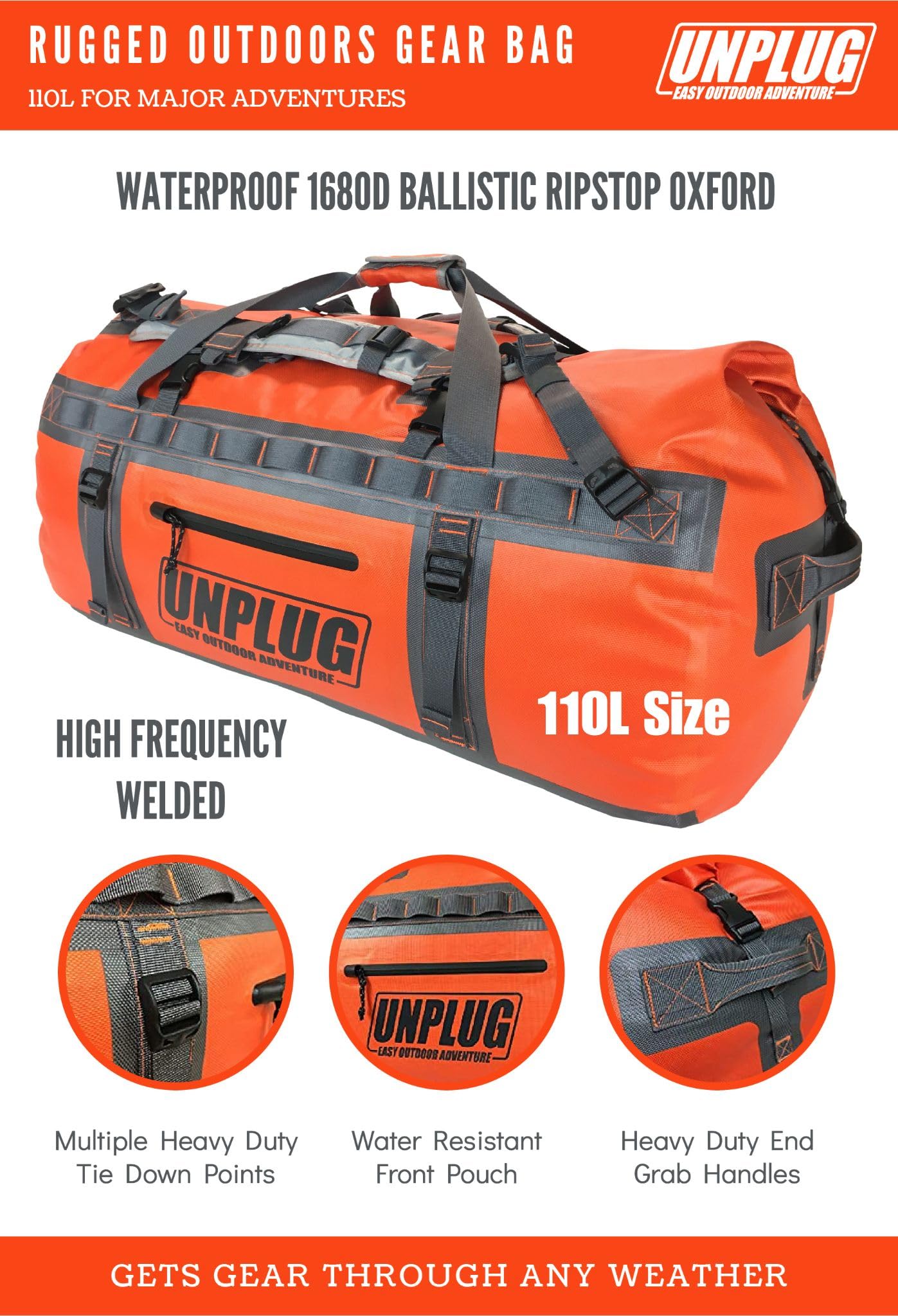UNPLUG Ultimate Adventure Bag - 1680D Heavy Duty Waterproof Travel Duffel Bag for Camping, Hiking, Motorcycle & Boating | Tactical Duffle Backpack for Outdoor Sports, Travel & Military Use