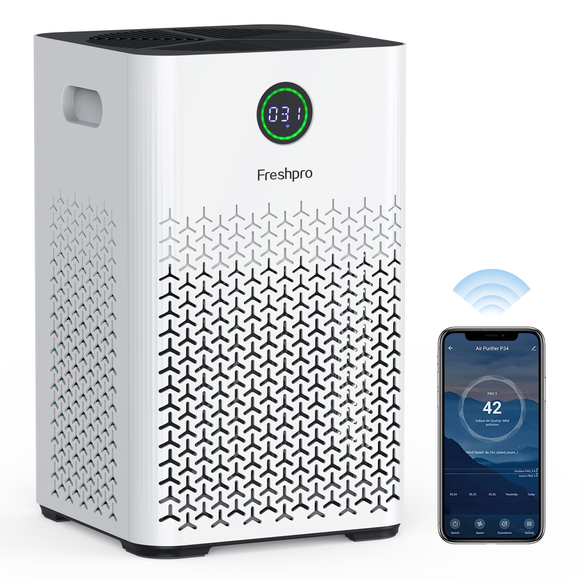 Best H13 HEPA Air Purifier for Large Rooms up to 2000 ft² - 4-in-1 Smart WiFi Air Cleaner for Home, Kitchen, Bedroom - Removes Pet Hair, Dust & Pollen - Perfect for Allergy Sufferers & Pet Owners (Model KF-P34W)