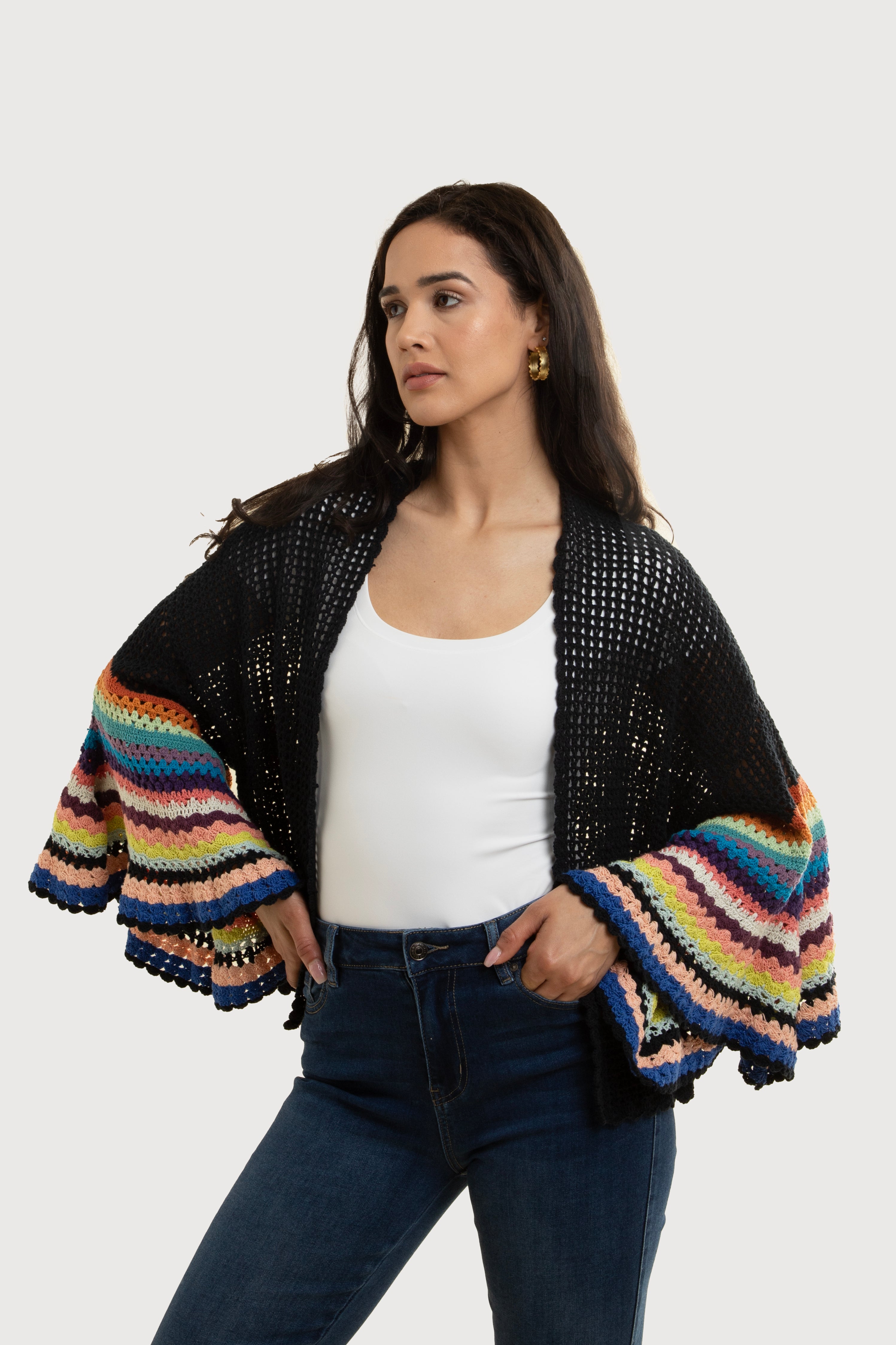 Colorful Crochet Bell Sleeve Short Jacket for Women - Boho Chic Summer Cover Up, Beach Wedding Outfit, Music Festival Fashion