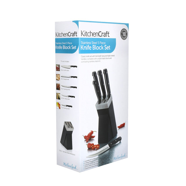 KitchenCraft 5-Piece Knife Set with Wooden Block - Premium Stainless Steel Kitchen Knives for Cooking, Slicing & Chopping - Perfect for Home Chefs & Professional Kitchens