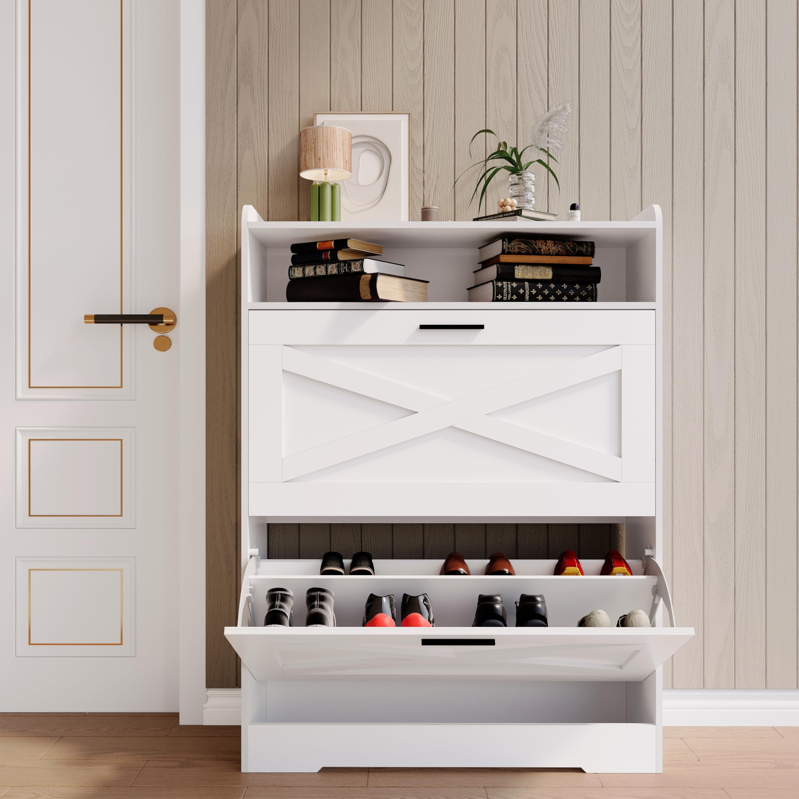 Large Shoe Cabinet with 2 Flip Drawers - Free Standing Tipping Bucket Shoe Rack Organizer for Entryway, Hallway, Bedroom - Modern Shoe Storage Furniture (White) - Perfect for Small Spaces & Home Organization