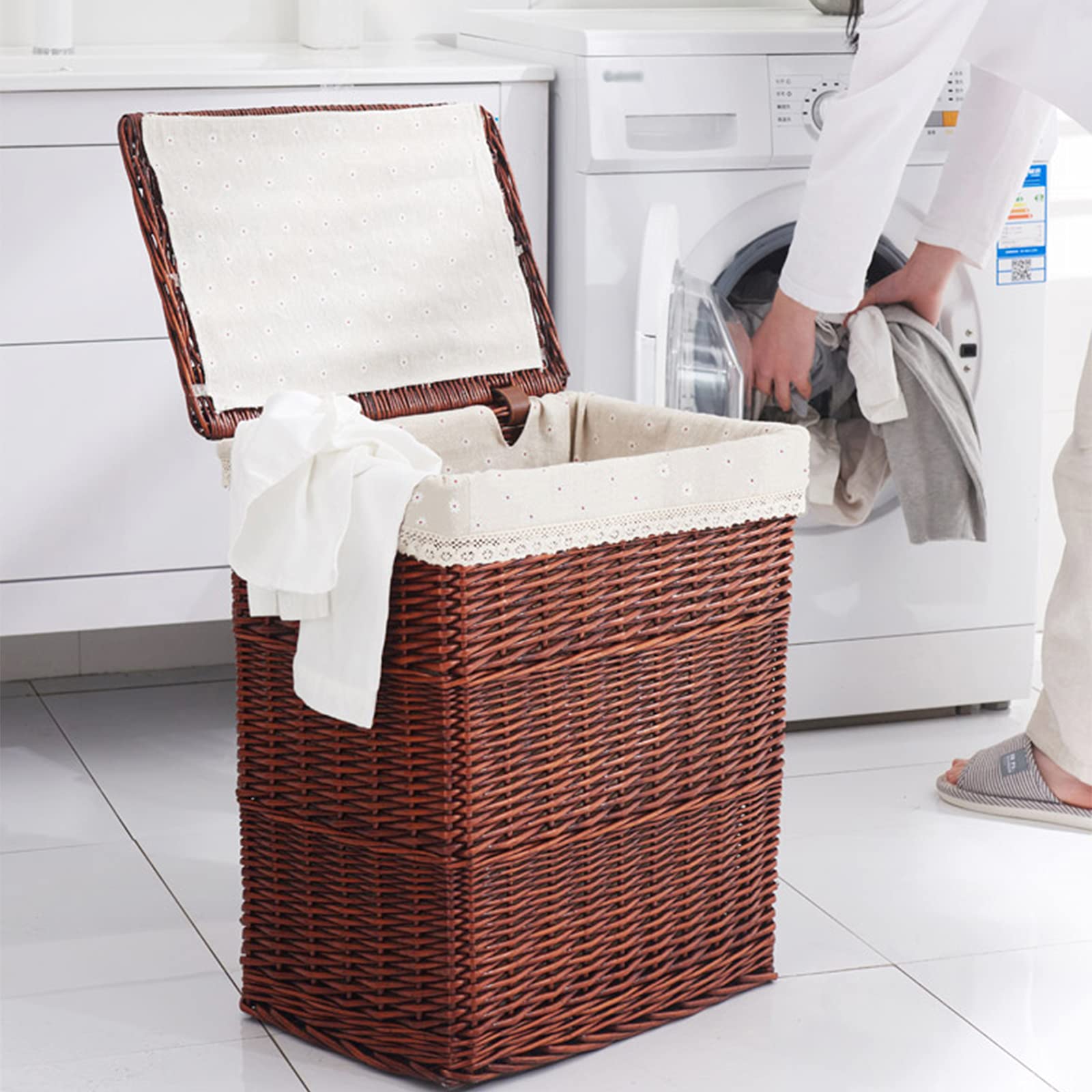 Large White Wicker Laundry Basket with Lid - Portable Decorative Hamper for Clothes, Blankets & Toys Storage - Perfect for Bedroom, Bathroom & Laundry Room Organization