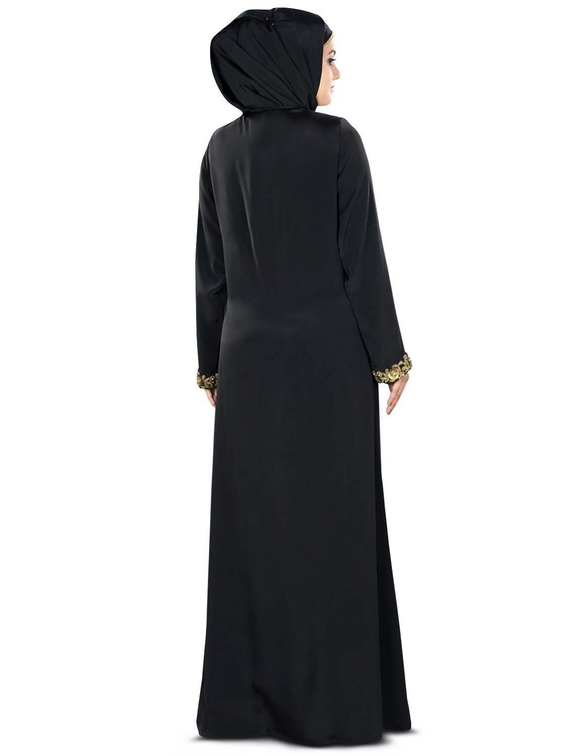 Women's Fiddah Gold Hand Embroidered Open Front Black Abaya Burqa - Elegant Islamic Prayer Dress for Mosque & Special Occasions
