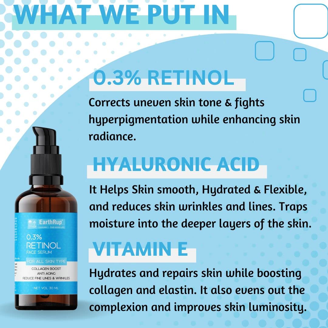 EarthRup Retinol Serum for Face with Hyaluronic Acid & Vitamin E - Anti-Aging Collagen Boost Serum Reduces Fine Lines & Wrinkles - Witch Hazel Extract - 30ml Pack | Perfect for Nighttime Skincare Routine & Daily Anti-Aging Regimen