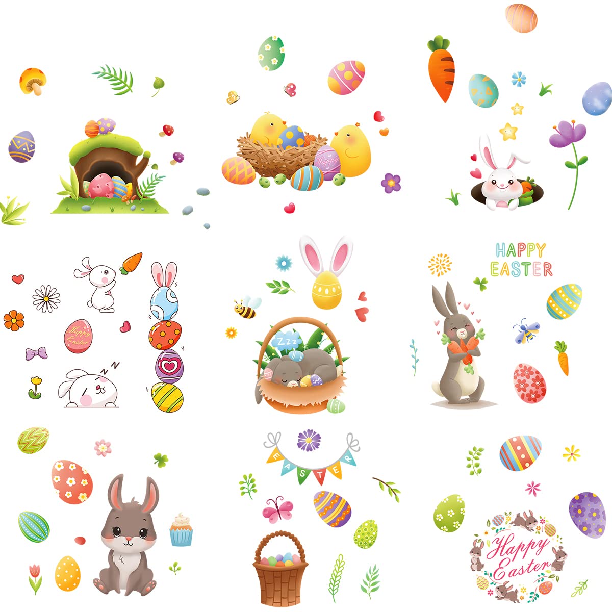 Easter Window Stickers - 9 Sheets Cute Cartoon Bunny Decals, Colorful Reusable Static Cling PVC Stickers for Easter Party Decor - Perfect for Windows, Mirrors & Glass Doors | Great for Home, Office & Classroom Easter Decorations