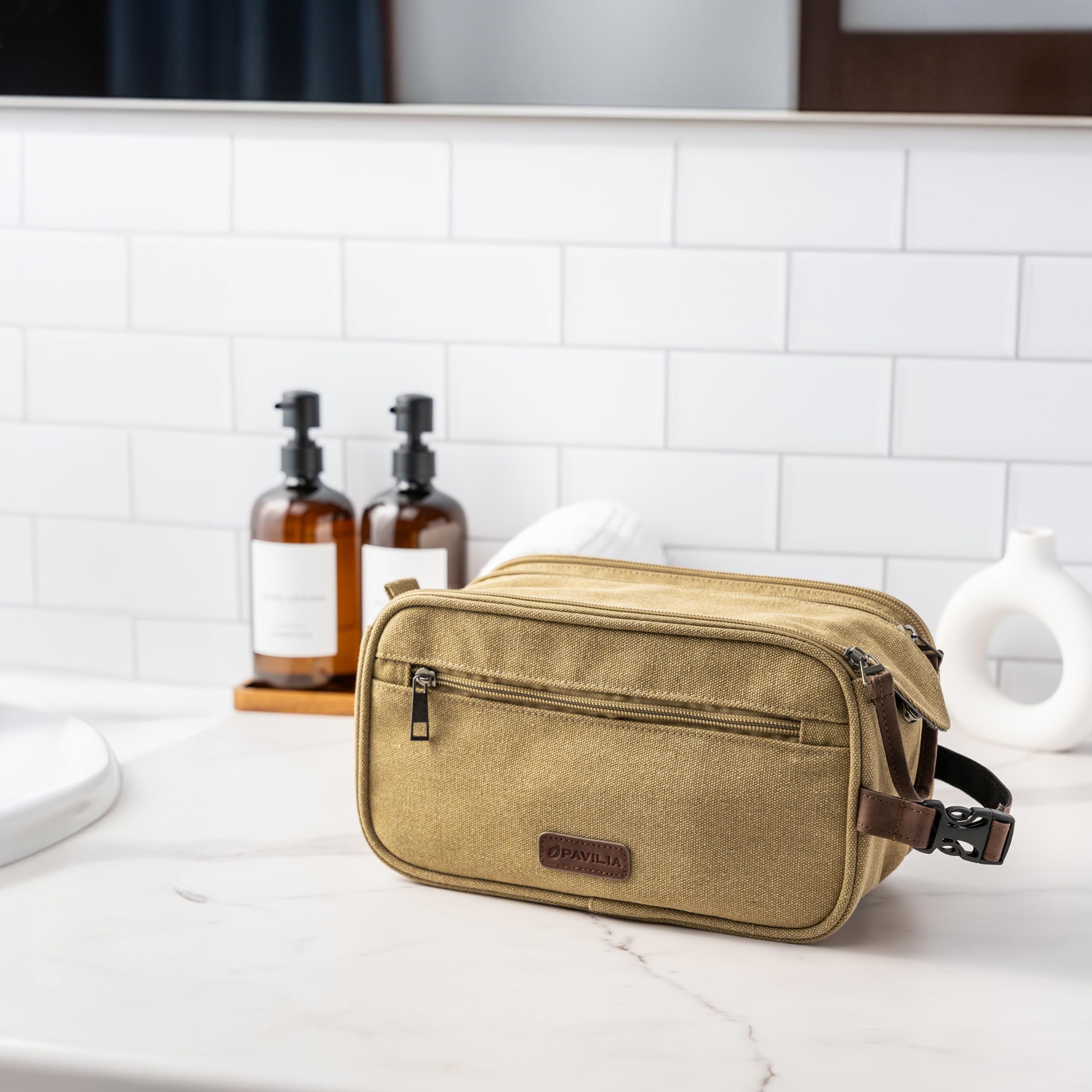 PAVILIA Men's Waterproof Canvas Toiletry Bag - Travel Dopp Kit & Shaving Kit Organizer with Multiple Pockets (Tan Khaki) - Ideal for Business Trips, Gym, Camping & Vacation Essentials Storage