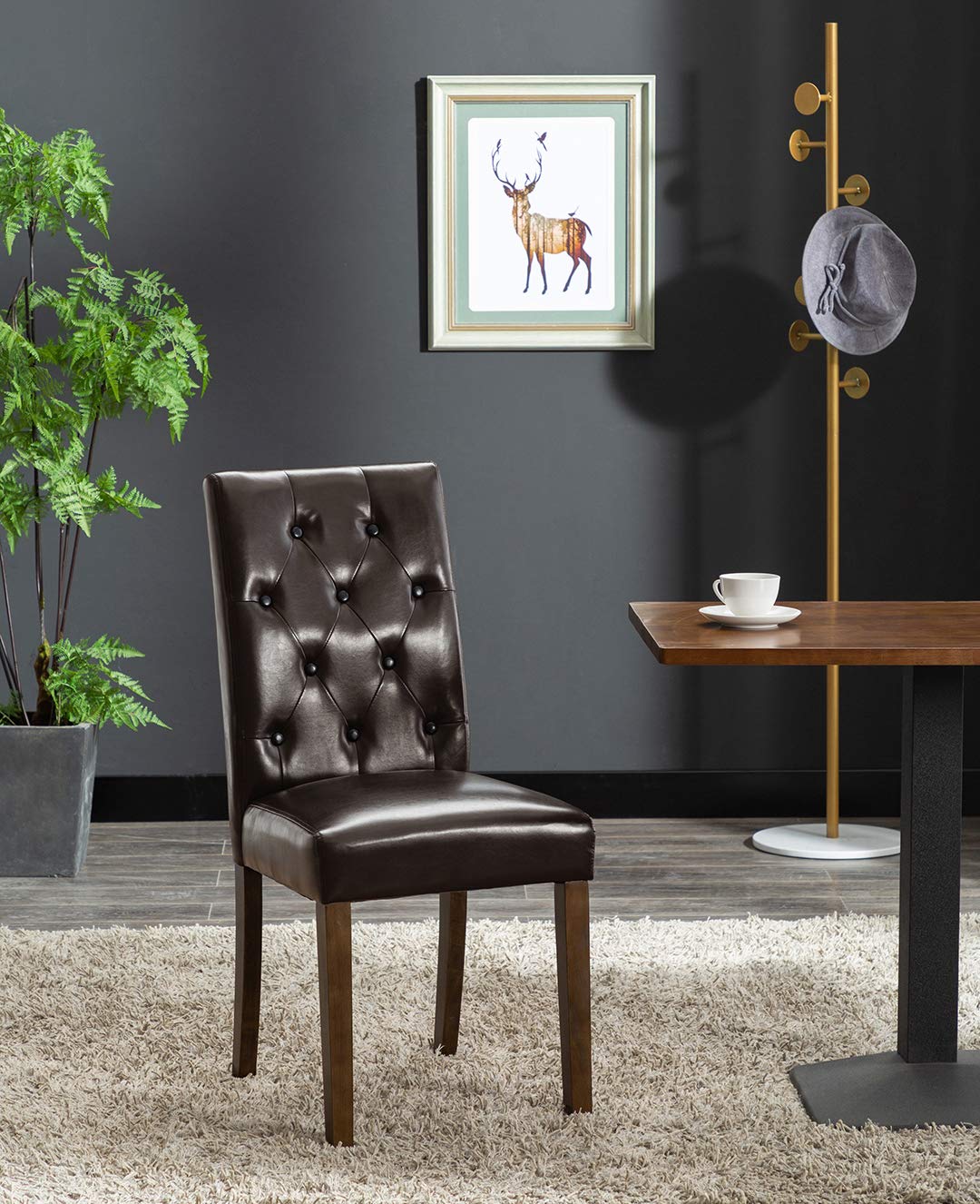 Porthos Home Hough Set of 2 Modern Dining Chairs - Tall Back PU Leather Upholstered, Button Tufted Design with Sturdy Rubberwood Legs, Armless Space Saving for Small Dining Rooms, Kitchens, Breakfast Nooks & Compact Spaces