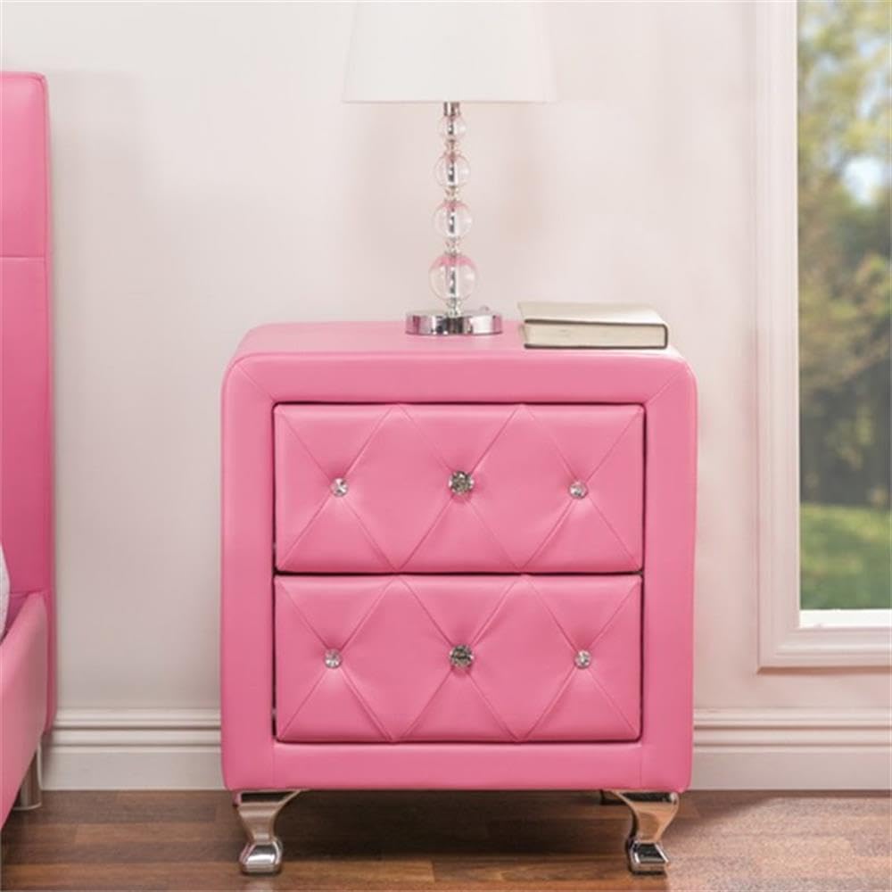 BOWERY HILL Modern 2-Drawer Faux Leather Crystal Tufted Nightstand - Stylish Bedside Table for Bedroom Decor & Small Space Storage