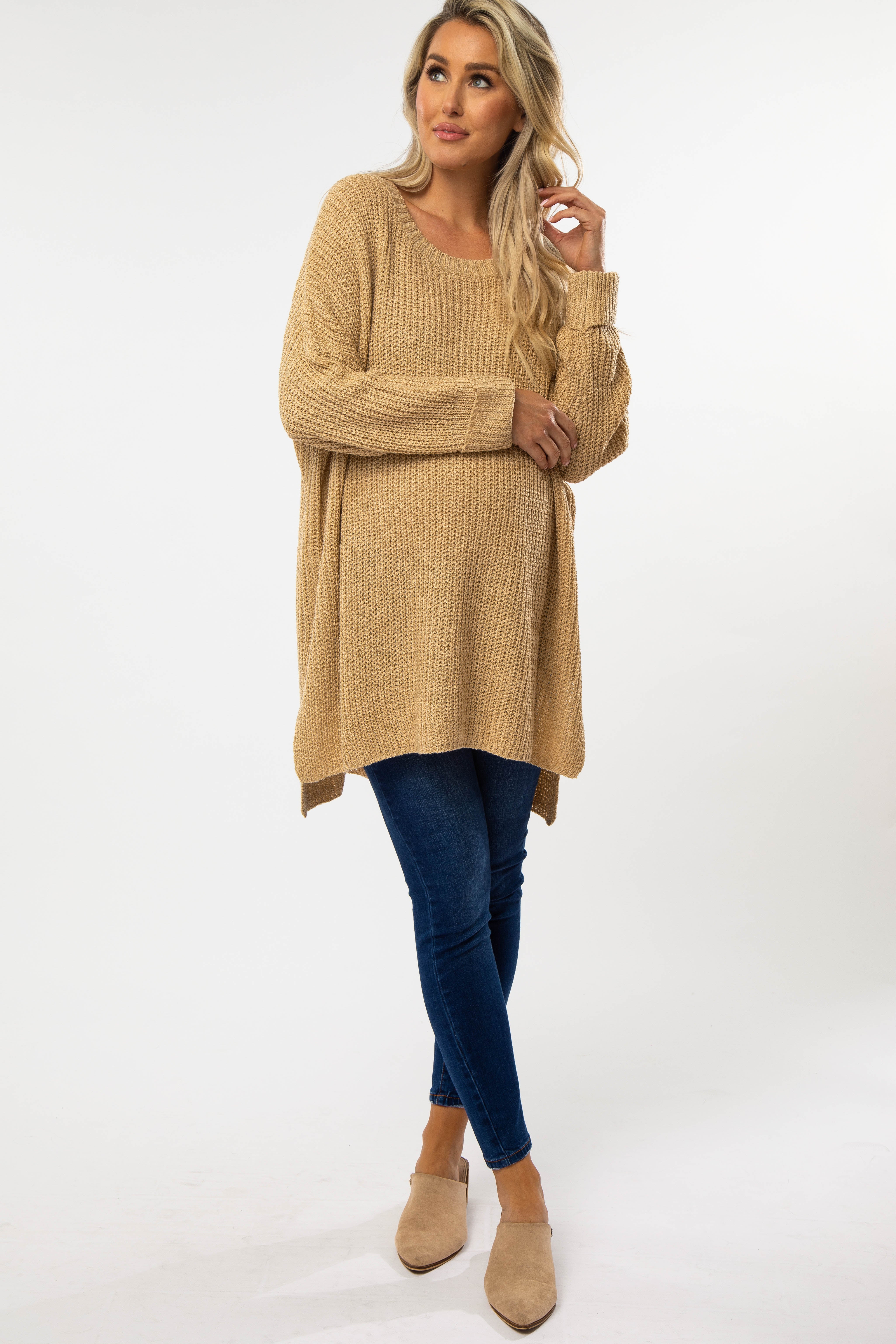 Beige Hi-Low Side Slit Cuff Sleeve Maternity Sweater for Women - Comfortable Pregnancy Knit Top for Casual Wear & Nursing