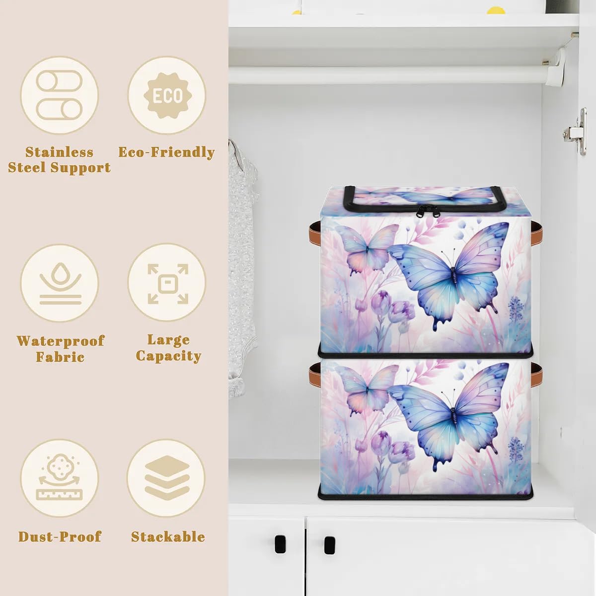 Beautiful Butterfly Storage Boxes with Sturdy Handles & Zipper Lids - 2 Pack Organizer for Clothes, Toys, Blankets | Perfect for Kids' Room, Nursery, and Home Organization