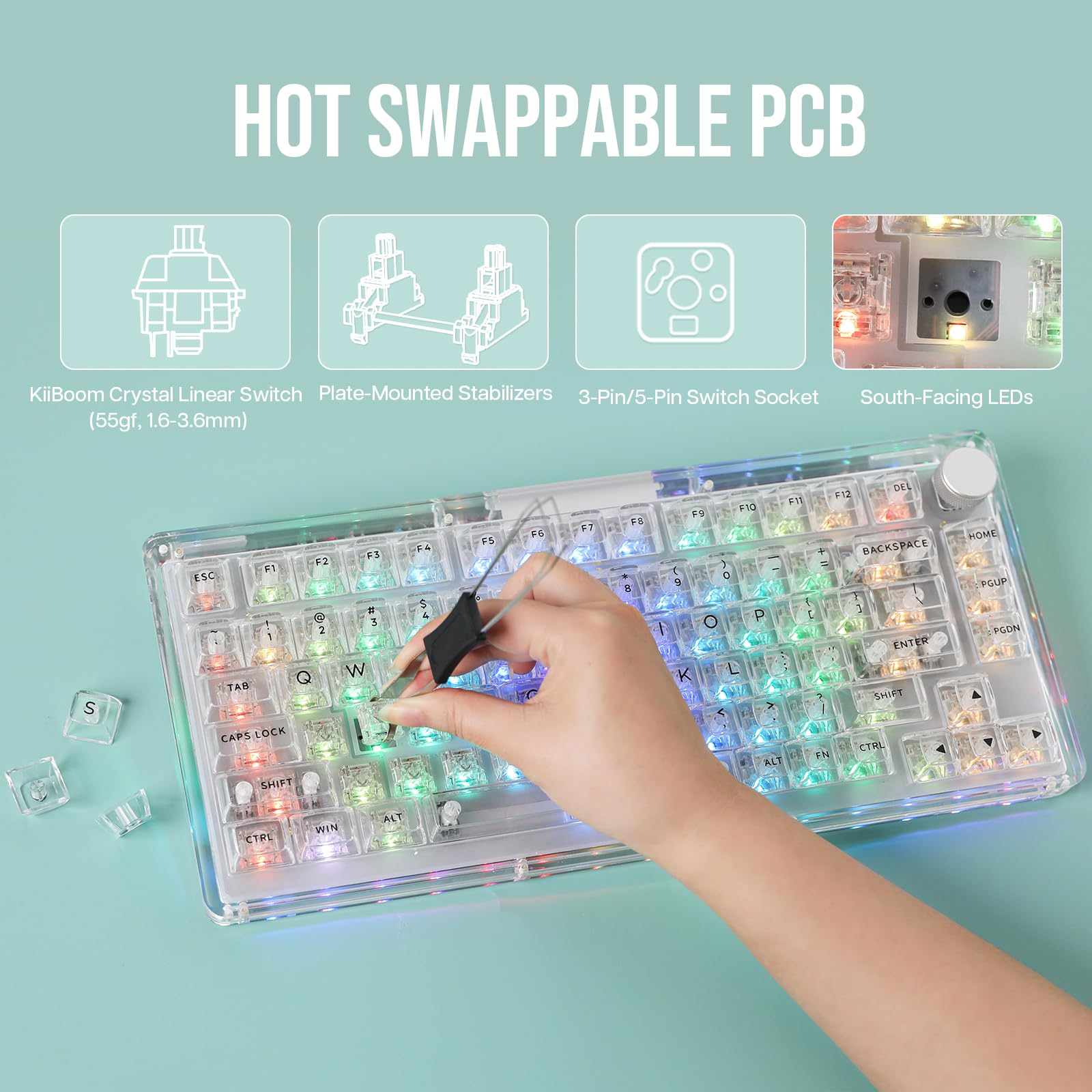 KiiBoom Phantom 81 V3 75% Hot Swappable Crystal Gasket Mechanical Keyboard - Triple Mode NKRO Gaming Keyboard with RGB Backlit, Clear Keycaps, 8000mAh Battery for Windows/MacOS - Perfect for Gaming, Coding & Office Work (Phantom 81 V3 Clear)