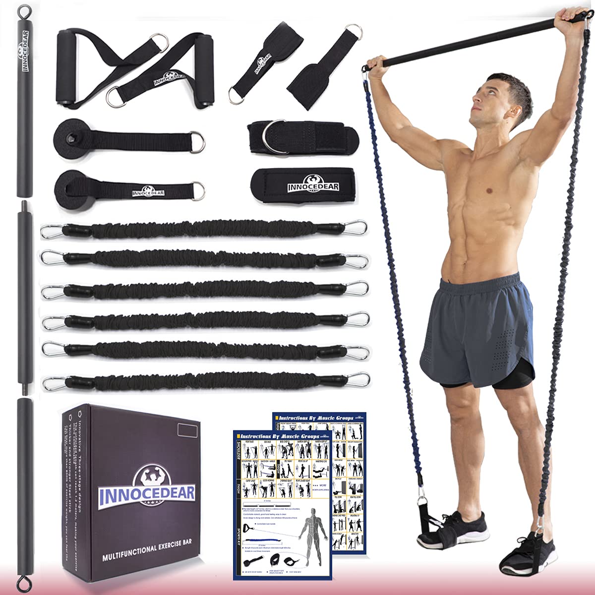 INNOCEDAR Adjustable Home Gym Bar Kit with Resistance Bands - Portable Full Body Workout Equipment for Men & Women - Pilates Bar System for Safe Strength Training - Perfect for Home, Office & Travel Fitness