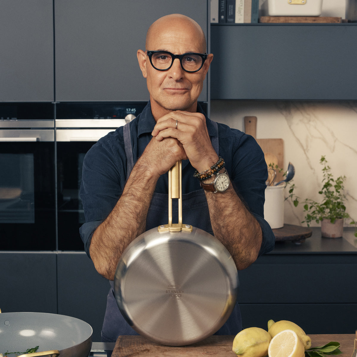Stanley Tucci™ 12-Inch Stainless Steel Ceramic Nonstick Fry Pan with Lid - Champagne Handle - Perfect for Sautéing, Frying & Cooking Family Meals