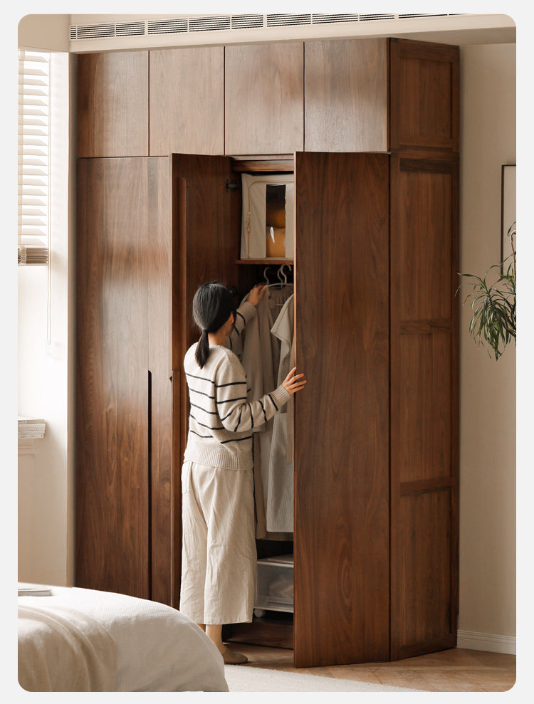 Premium Black Walnut Solid Wood Wardrobe - Double Door Closet with Mirror | Spacious Storage for Bedroom, Walk-in Closet & Guest Room Organization