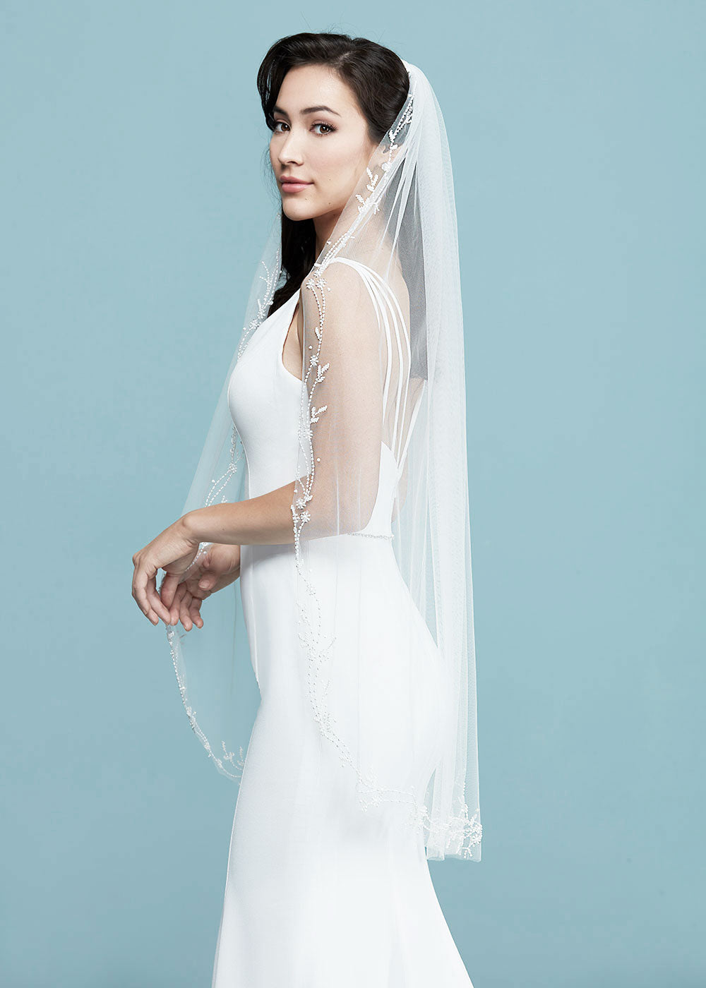 Peyton Veil Fingertip Wedding Veil With Beaded Edging - Elegant Bridal Accessory for Ceremony & Photography