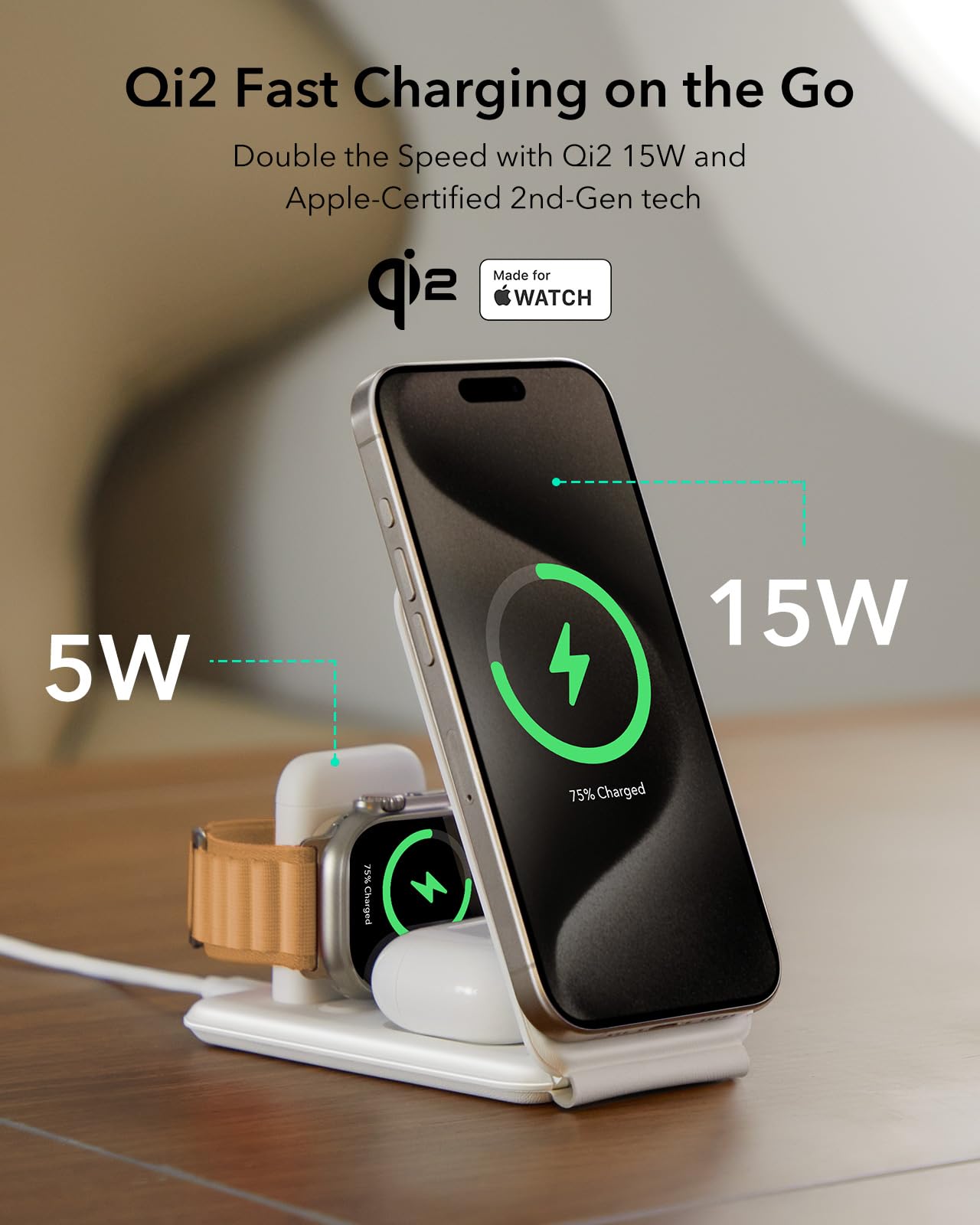 ESR Qi2 Certified 3-in-1 Wireless Charging Station for iPhone 16/15/14/13/12, Apple Watch & AirPods 4/3/2 - Adjustable 2-Way Magsafe Charger Stand (White) | Perfect for Travel, Office & Nightstand Charging