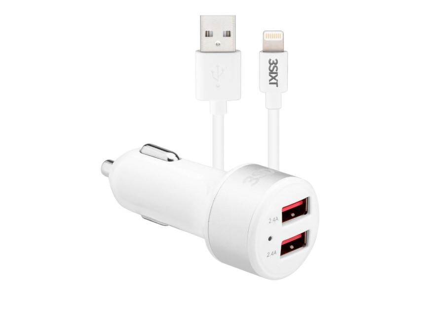 3sixT 4.8A Fast Car Charger with 1m Lightning Cable - White | Dual USB Port Charging for iPhone & Android | Perfect for Road Trips & Commuting