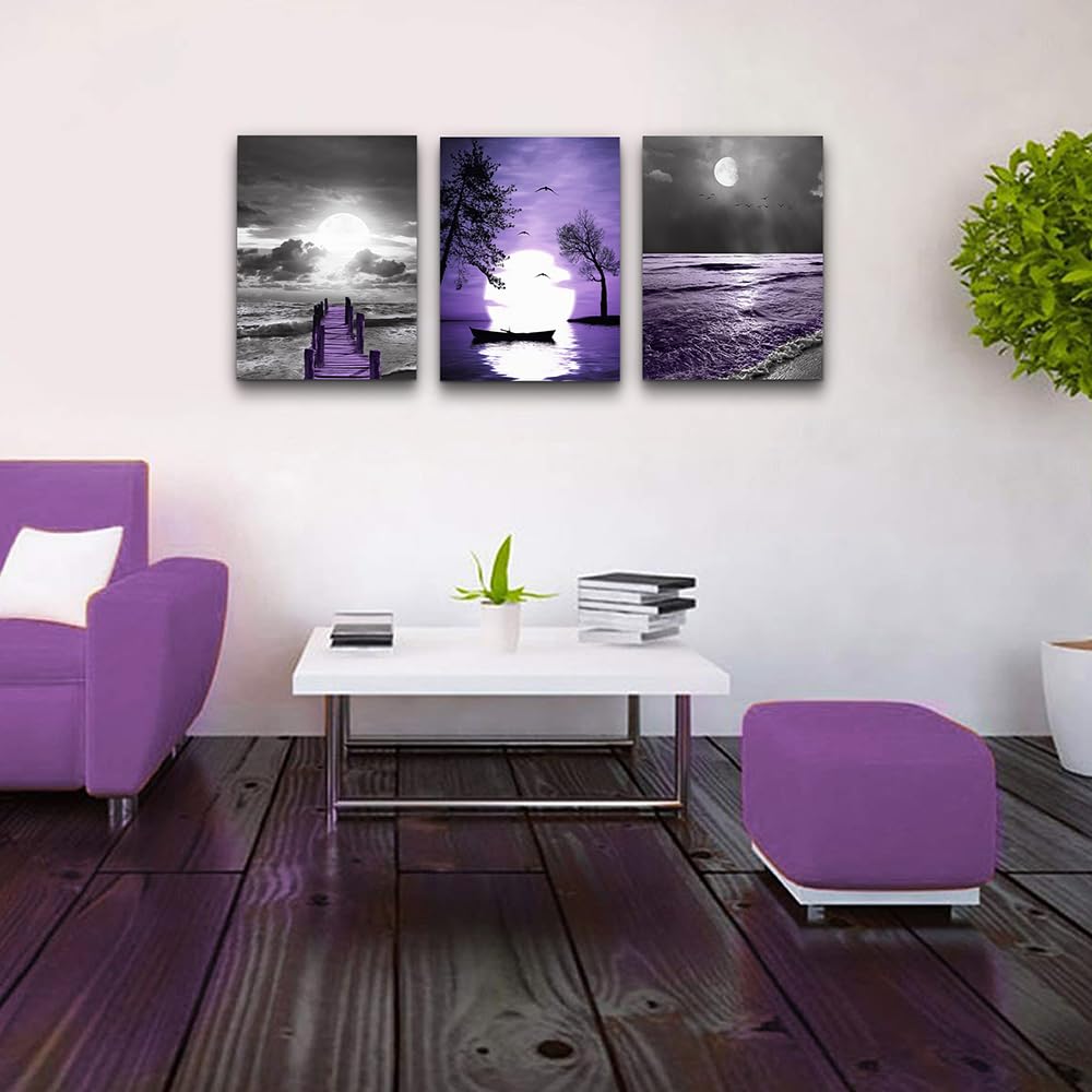 Lapremoly 3-Panel Canvas Wall Art - Black and White Purple Ocean Landscape Painting for Living Room, Bedroom, Office Decor | Modern Farmhouse Wall Decor | Perfect for Home, Apartment & Workspace