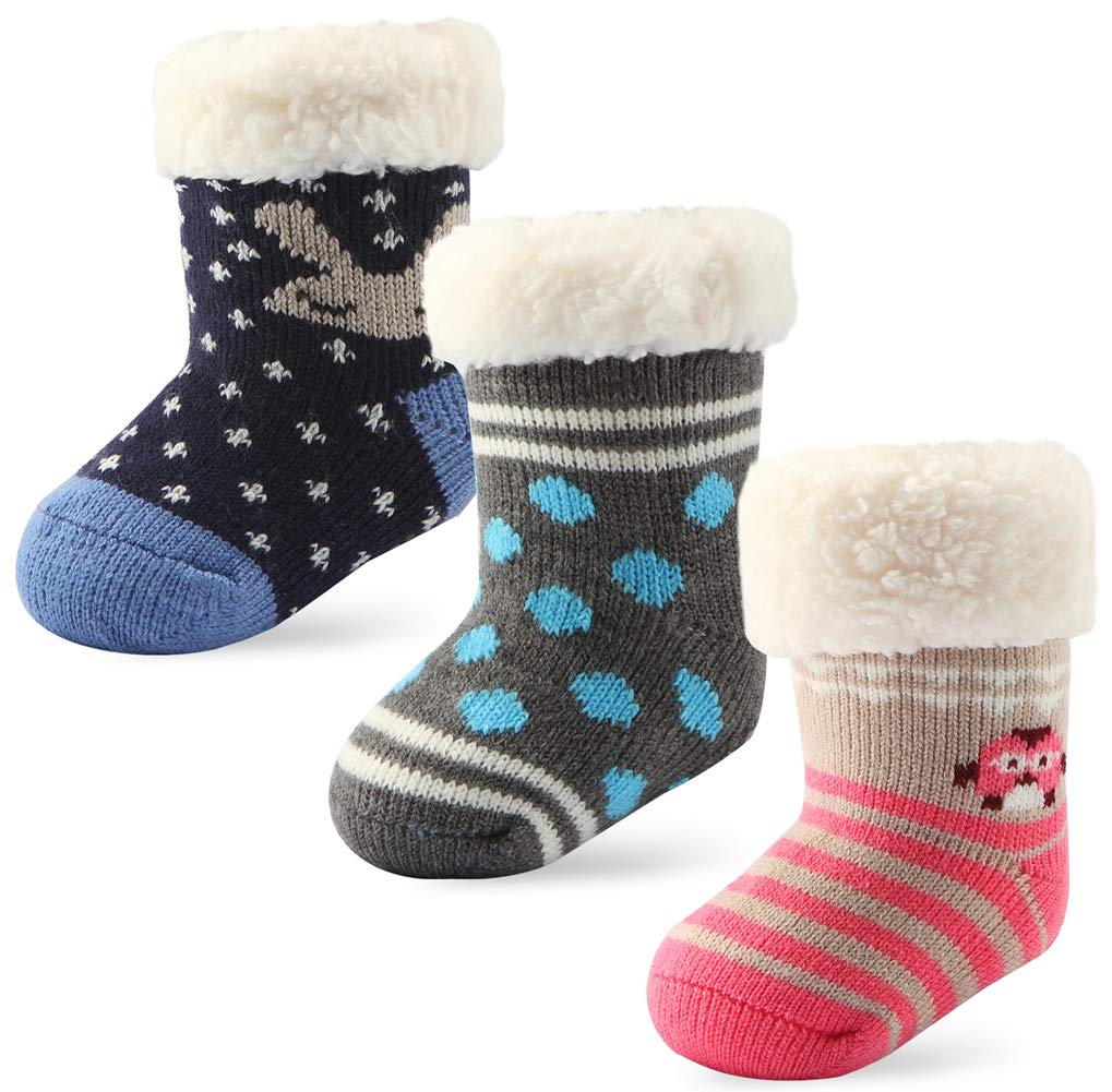 3 Pairs Sherpa-Lined Fuzzy Socks for Toddler Girls & Boys - Non-Slip Grips, Warm Winter Socks for Babies & Kids - Perfect for Christmas Gifts, Indoor Play & Cozy Home Wear