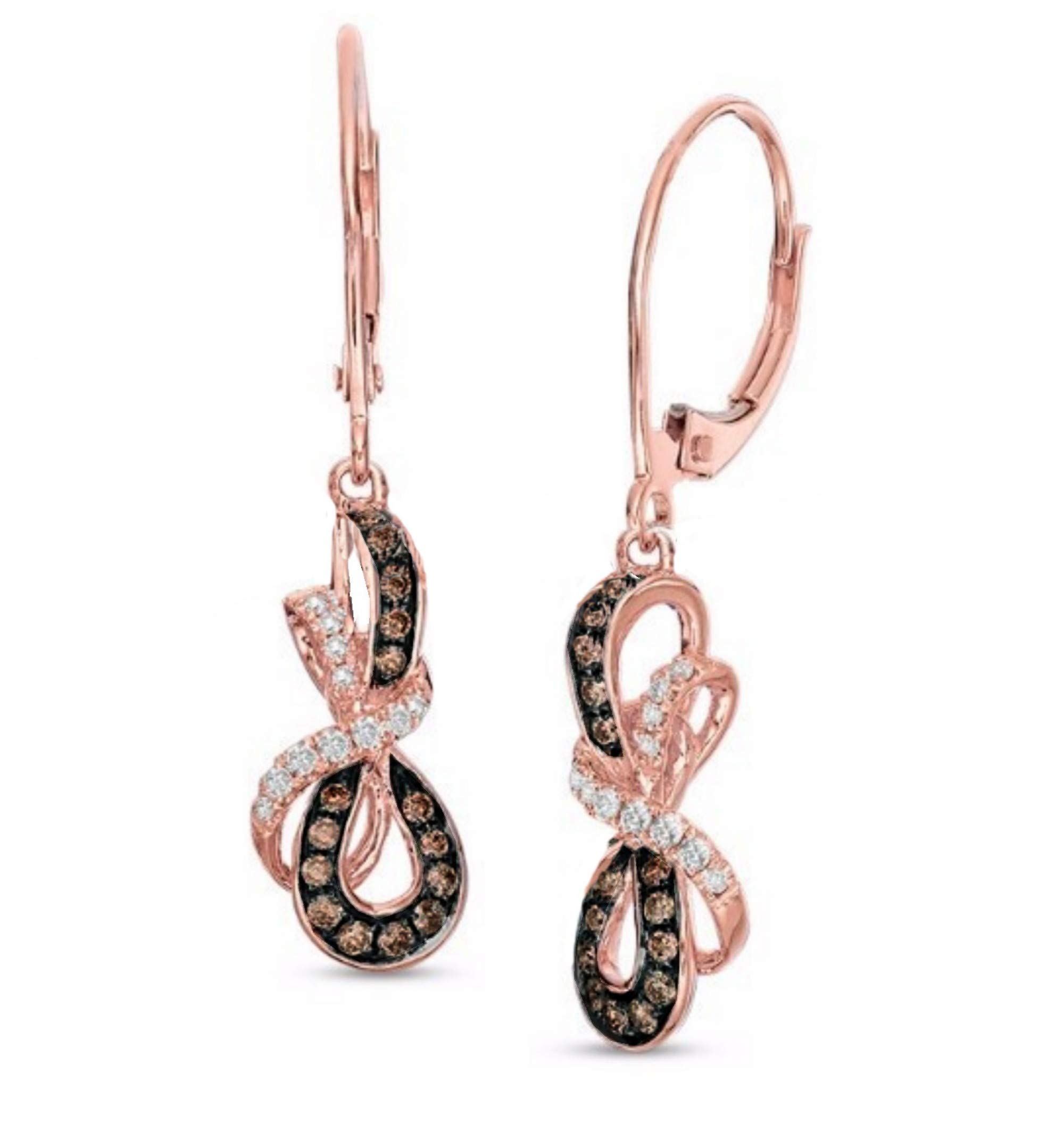 Brandy Diamondorables 18K Rose Gold & Silver Chocolate Brown Infinity Ribbon Leverback Earrings - 1.00 CTW Diamond Stud Earrings for Women, Perfect for Anniversary Gifts, Date Nights & Special Occasions