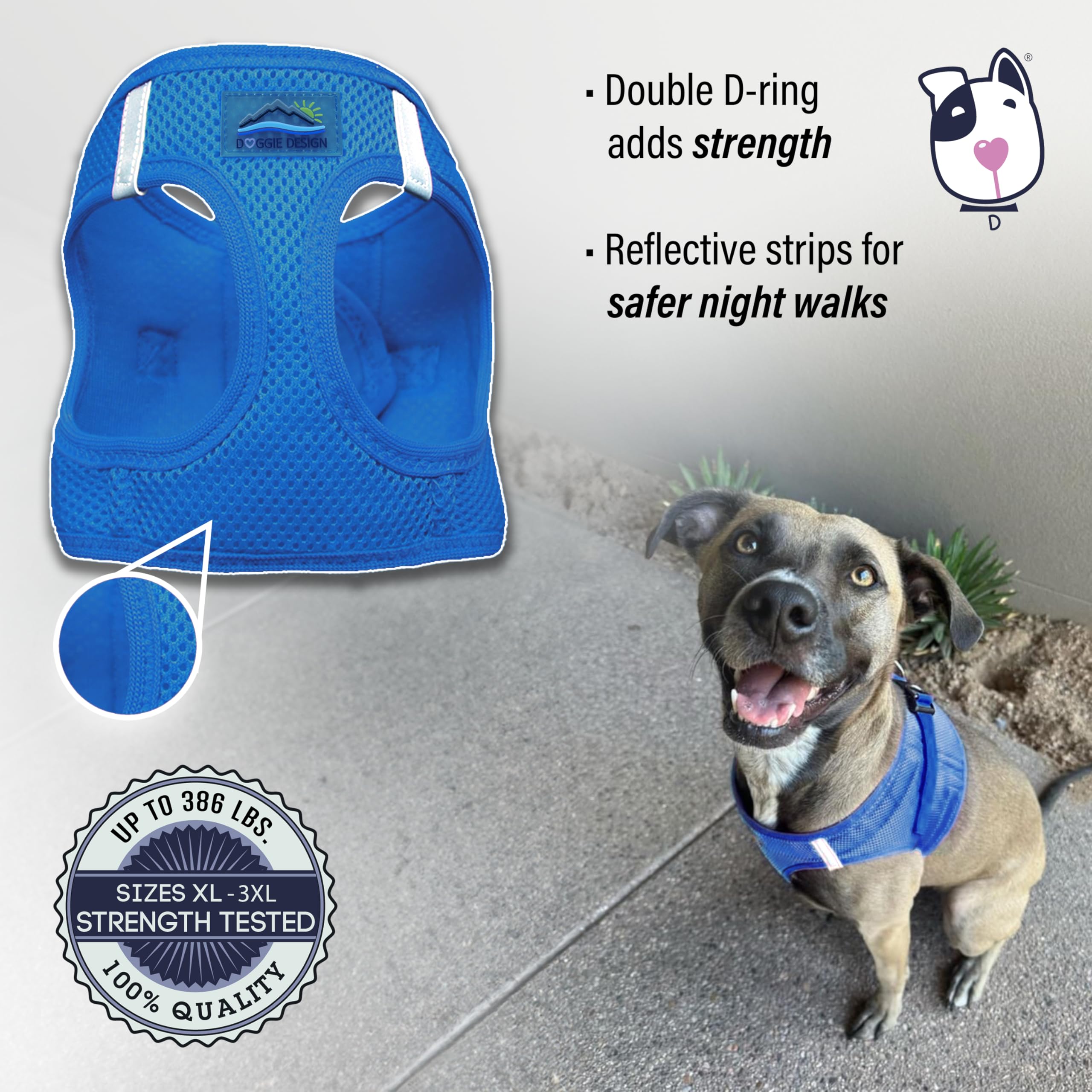 Doggie Design No-Choke Dog Harness - Breathable Mesh Polyester Pet Vest with Easy Step-in Design for Small, Medium & Large Dogs - Cobalt Blue XL - Perfect for Walking, Hiking & Outdoor Adventures