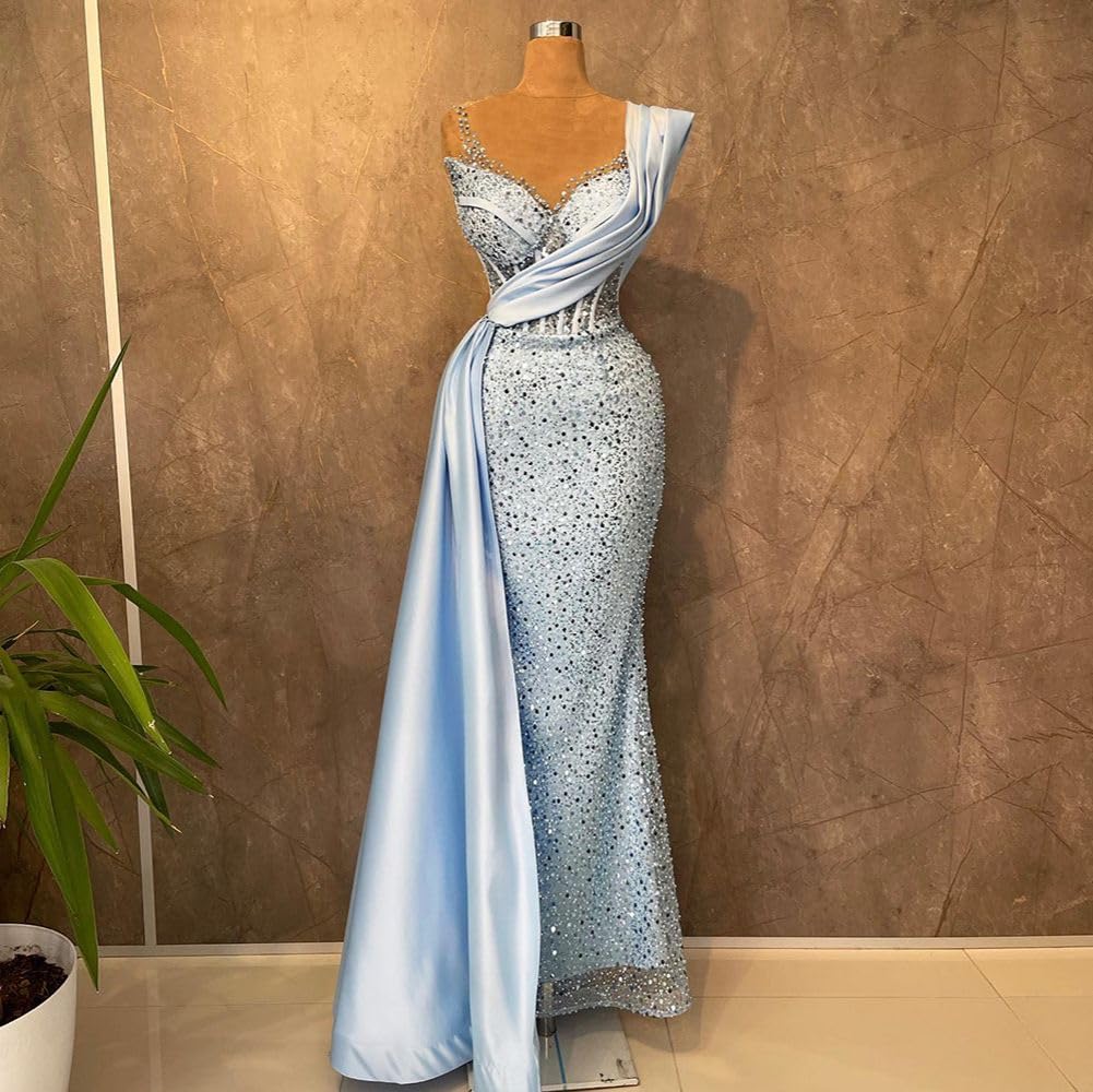 Engerla Women's Sleeveless Sequin Mermaid Evening Dress with Lace & Pearl Details - Elegant Prom, Bridal & Bridesmaid Gown for Weddings, Parties & Special Occasions