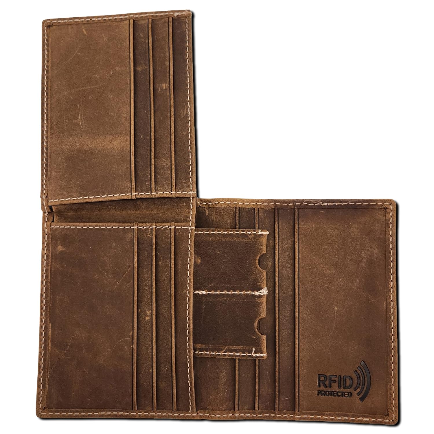 RFID Blocking Slim Leather Wallet for Men - L-Fold Bifold/Trifold Design with Card Window & ID Holder (J700LF, Rustic Brown) - Perfect for Everyday Carry, Travel & Business Use