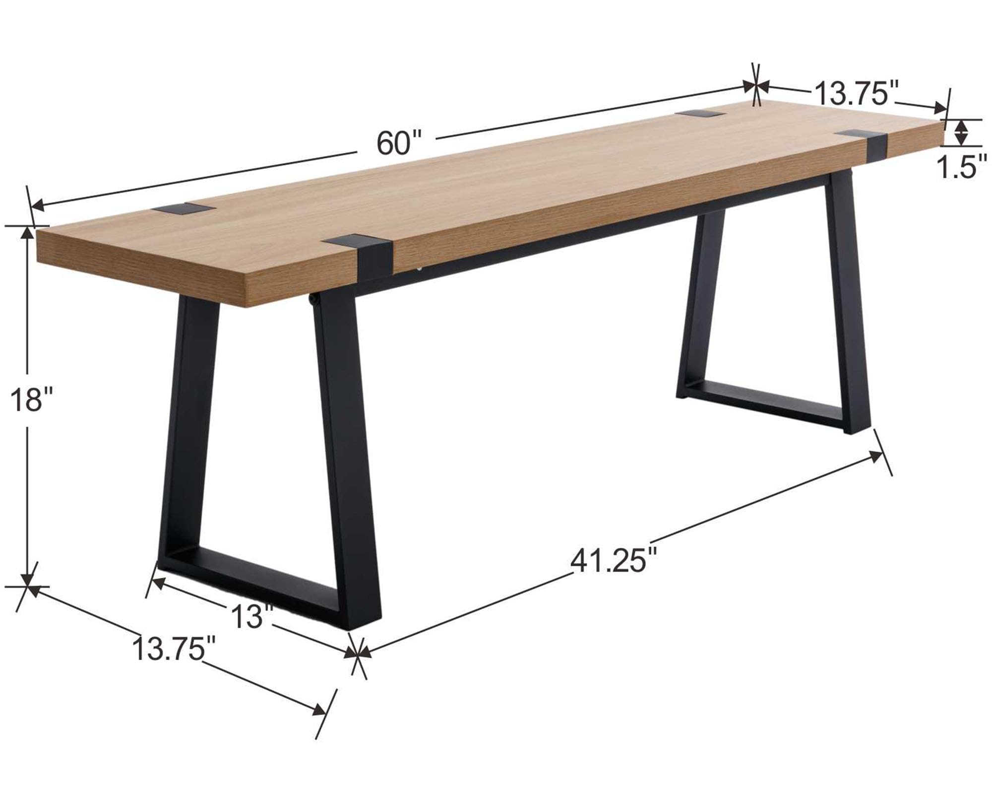VESCASA 60 Inch Solid Wood Dining Bench with Sturdy Black Metal Legs - Natural Oak Finish for Kitchen, Dining Room, Breakfast Nook & Entryway Seating