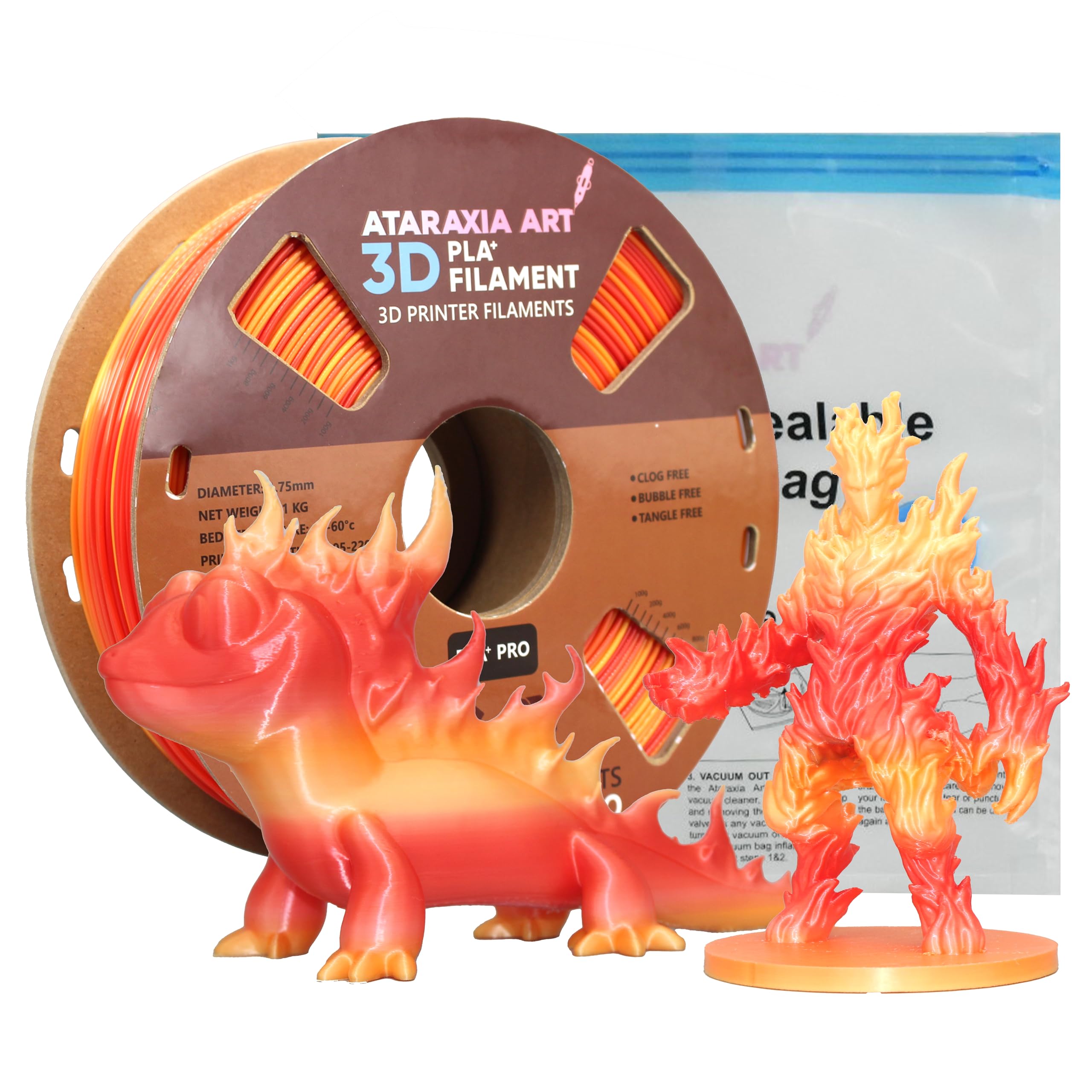 ATARAXIA ART Silk PLA Plus 3D Printer Filament 1.75mm - 1KG Spool (Gold, Yellow, Red Shiny Colors) with Storage Bag - Compatible with All FDM 3D Printers - Perfect for Cosplay Props, Home Decor & DIY Projects - Fire Red Silk PLA Filament