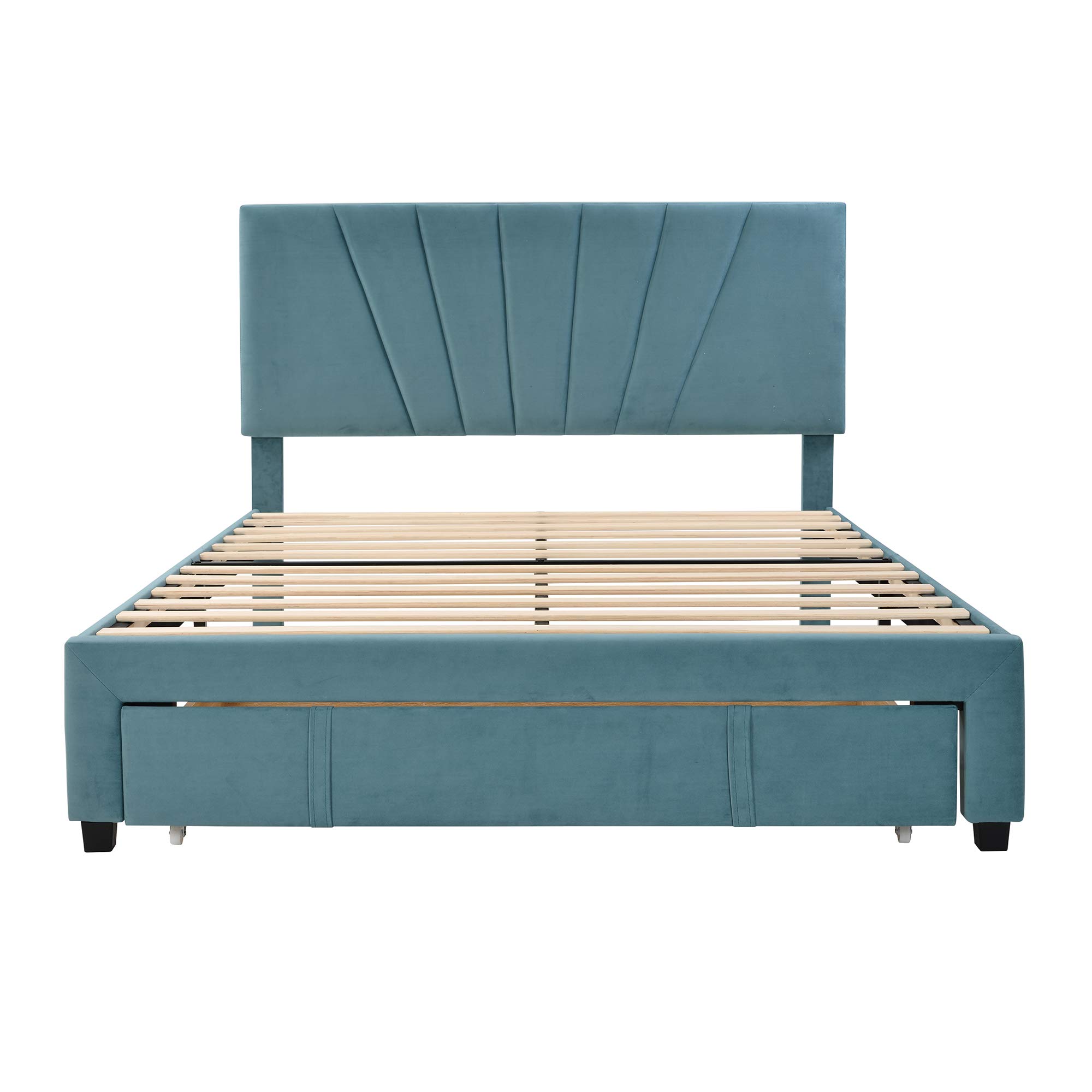 Modern Blue Velvet Queen Upholstered Platform Bed Frame with Storage Drawer & Headboard - Wood Slat Support, Elegant Panel Design Mattress Foundation for Bedroom, Guest Room | Perfect for Small Spaces & Luxury Home Decor