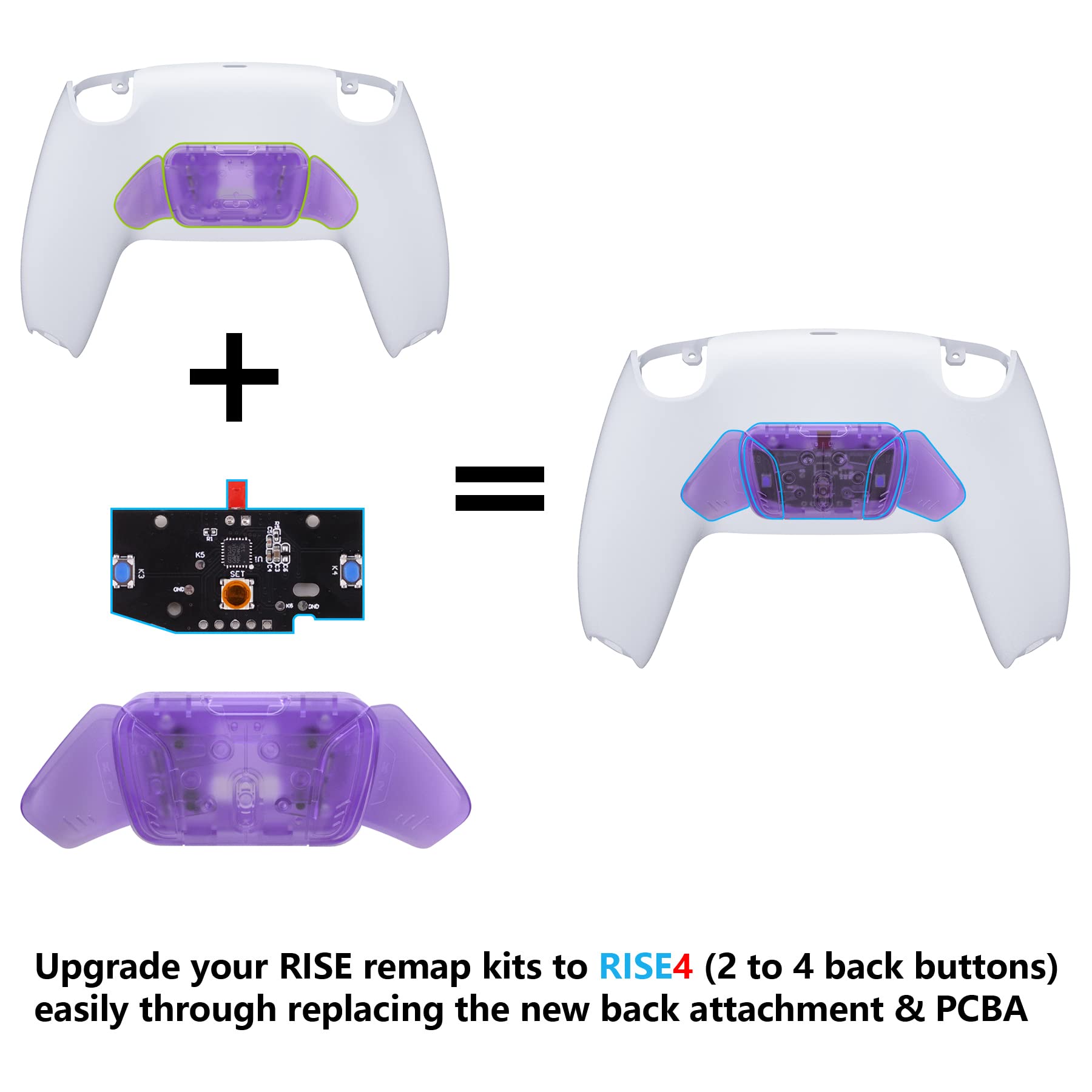 eXtremeRate Clear Atomic Purple PS5 Controller Back Buttons Housing & Remap PCB Board Kit for RISE4 - Compatible with K1 K2 K3 K4 Models - Perfect for Gaming, Customization & Controller Modding (Accessories Not Included)