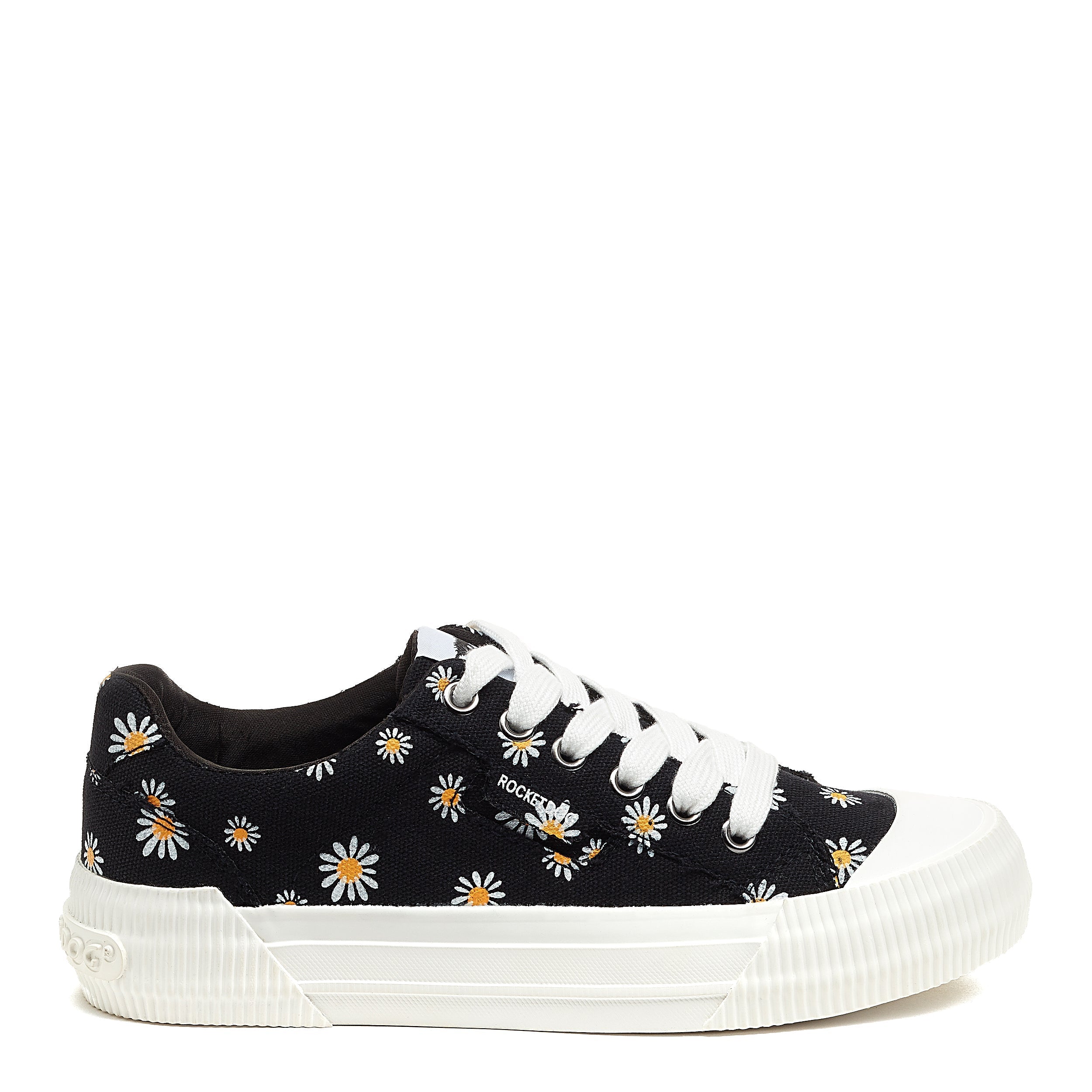 Cheery Daisy Print Black Sneakers - Women's Casual Comfortable Walking Shoes for Outdoor, Work & Everyday Wear