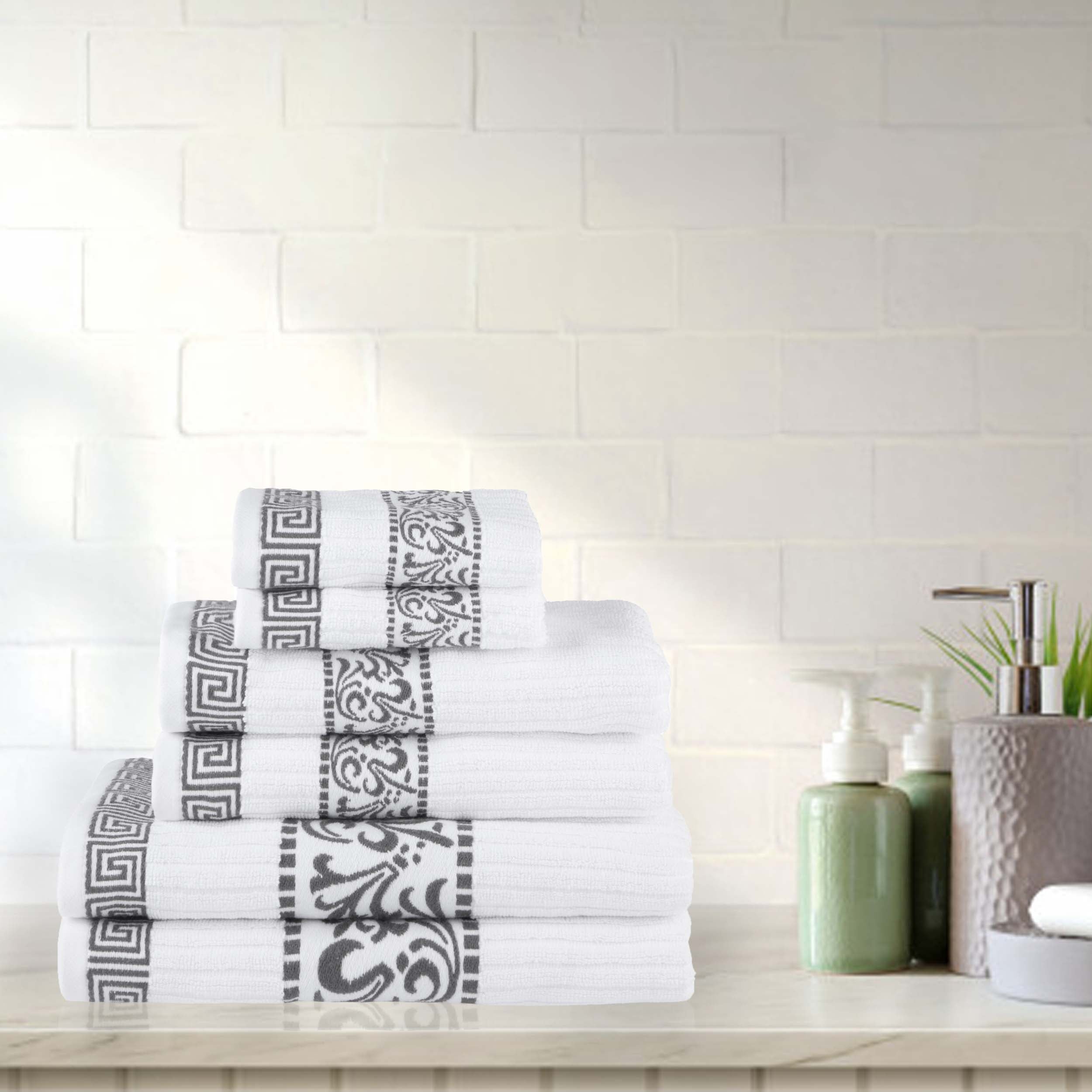 Athens Cotton Greek Scroll and Floral 6-Piece Bath Towel Set - Soft & Absorbent for Bathroom, Spa, and Beach Use