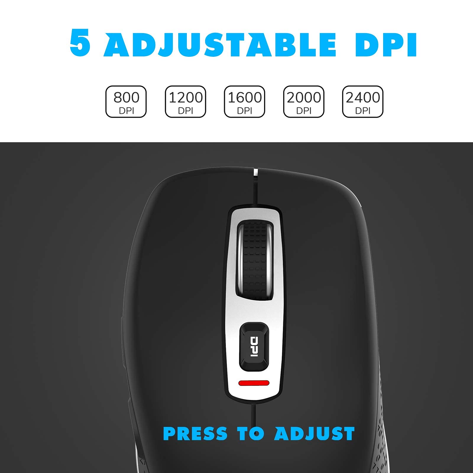 Wireless Mouse 2.4G Silent Cordless Mouse with USB Nano Receiver - 5 Adjustable DPI up to 2400, 6 Buttons Ergonomic Computer Mouse for Laptop, PC, Mac - Perfect for Office Work, Gaming & Travel (Black)