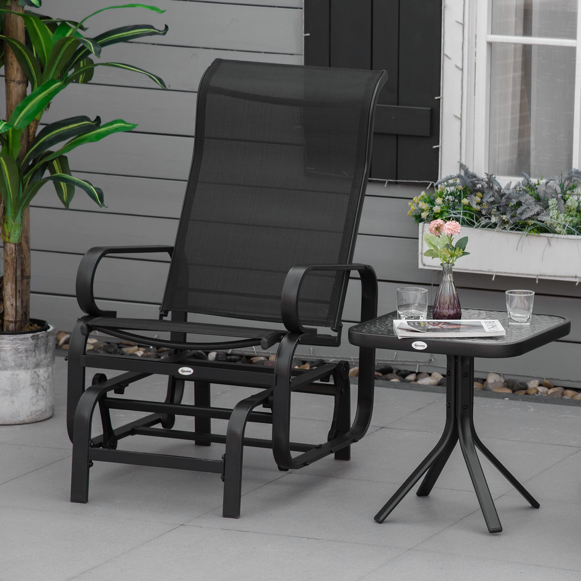 Outsunny Outdoor Glider Chair - Patio Rocking Chair with Smooth Swing Motion, Lightweight Durable Design for Backyard, Garden & Deck - Perfect for Relaxing, Reading & Enjoying Nature (Black)